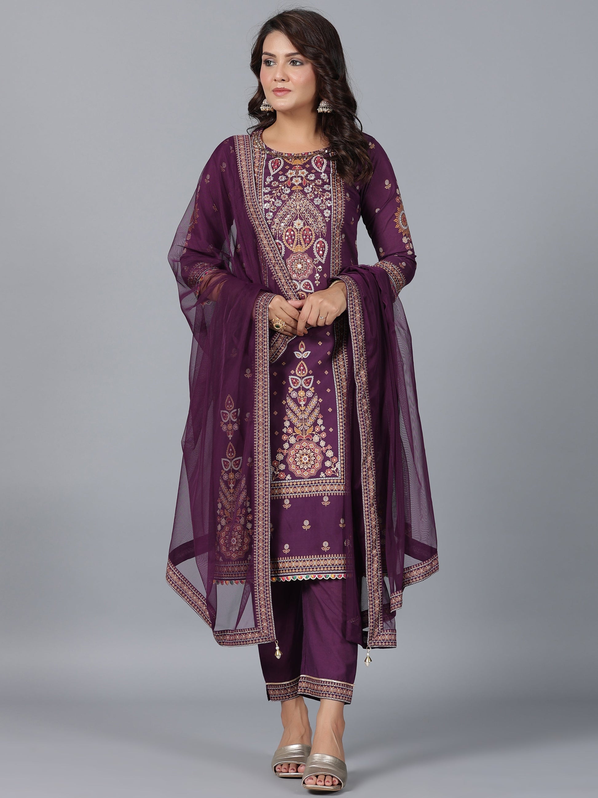 Juniper Women Purple Chanderi Printed Kurta Pants & Dupatta Set