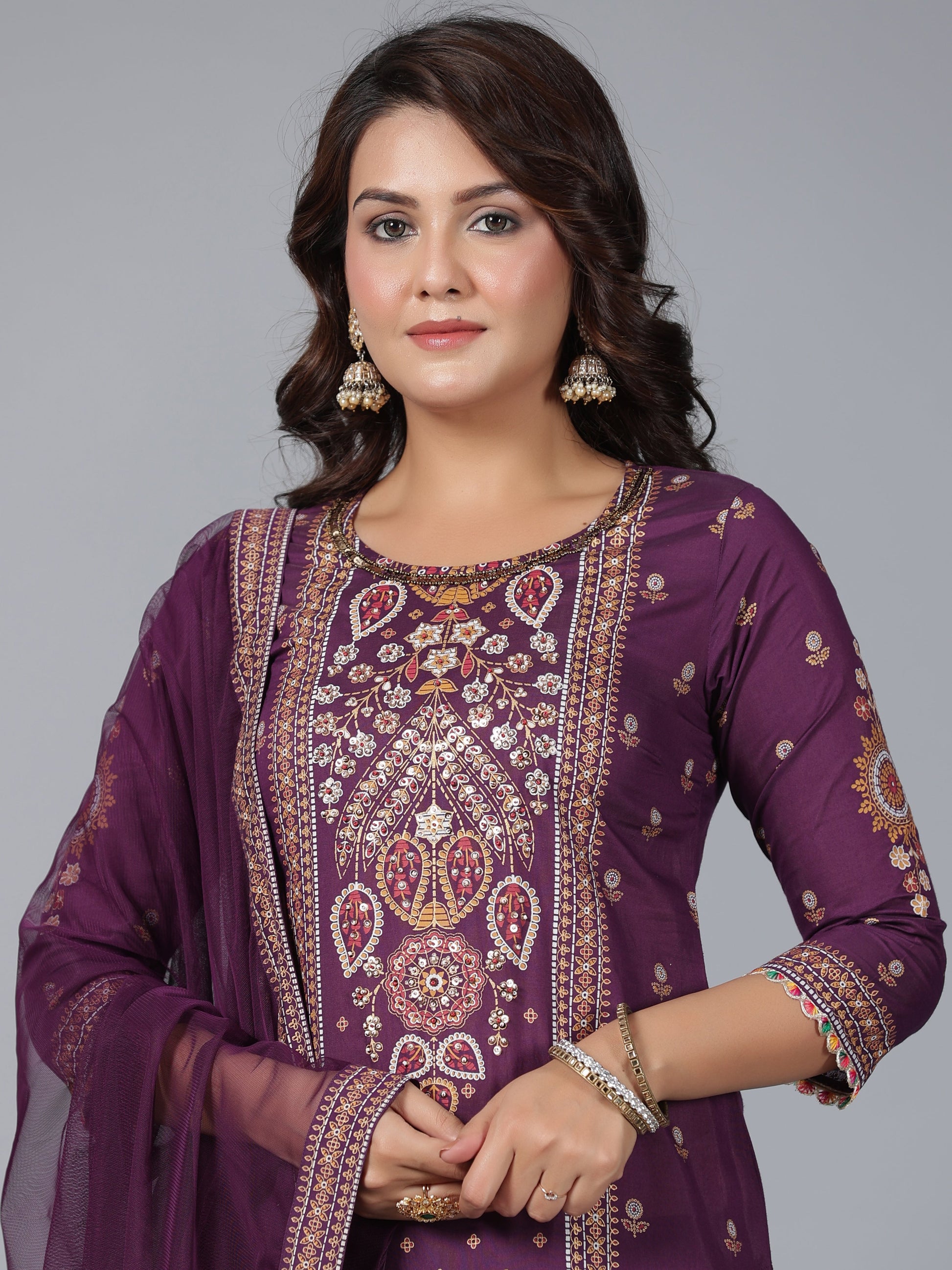 Juniper Women Purple Chanderi Printed Kurta Pants & Dupatta Set