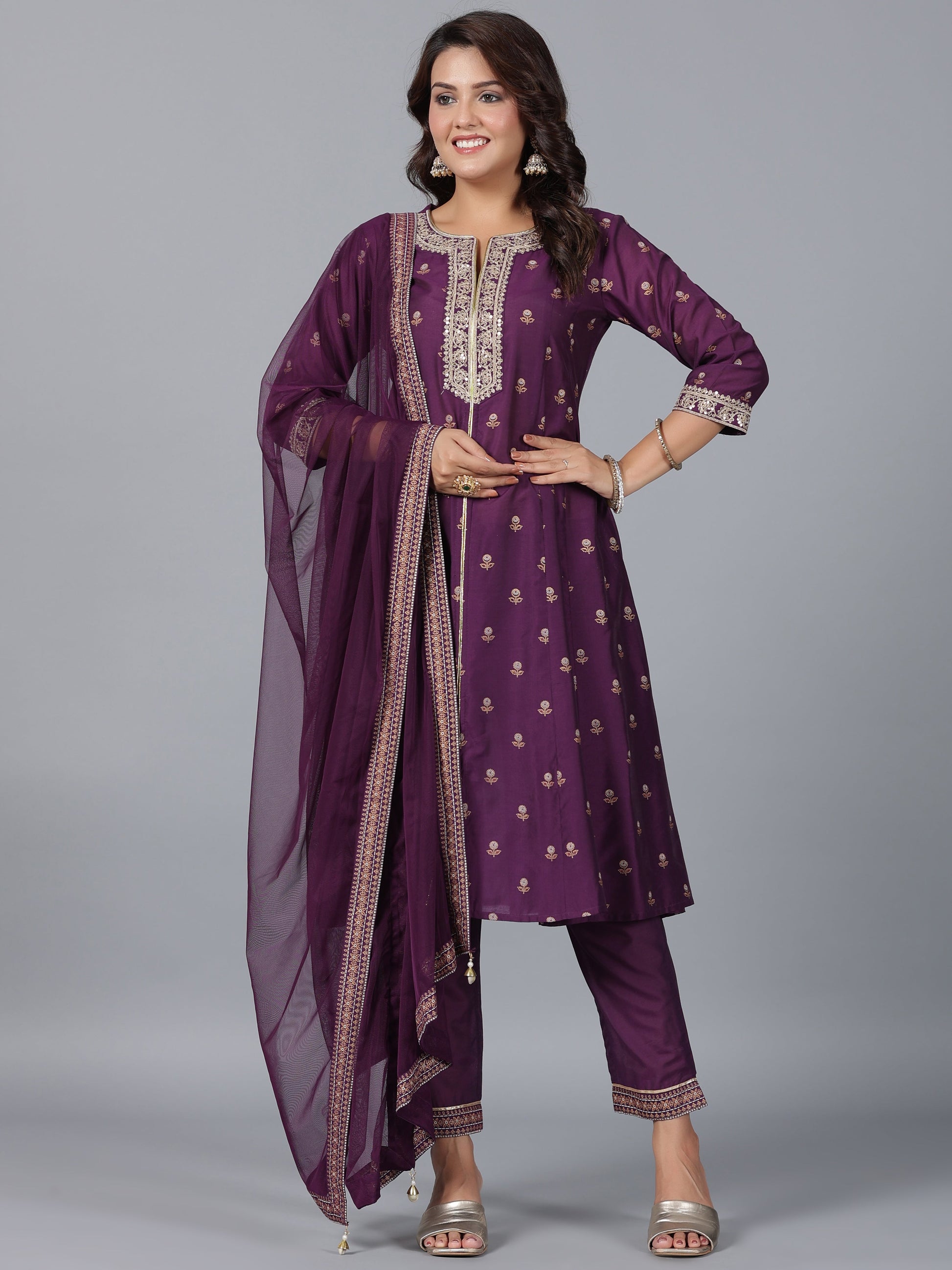 Juniper Women Purple Chanderi Printed with Embroidery Kurta, Pants & Dupatta Sets