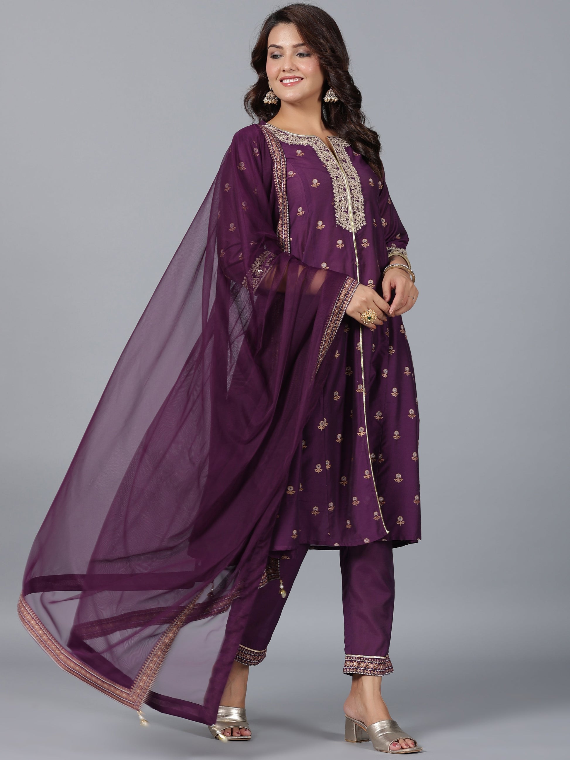 Juniper Women Purple Chanderi Printed with Embroidery Kurta, Pants & Dupatta Sets
