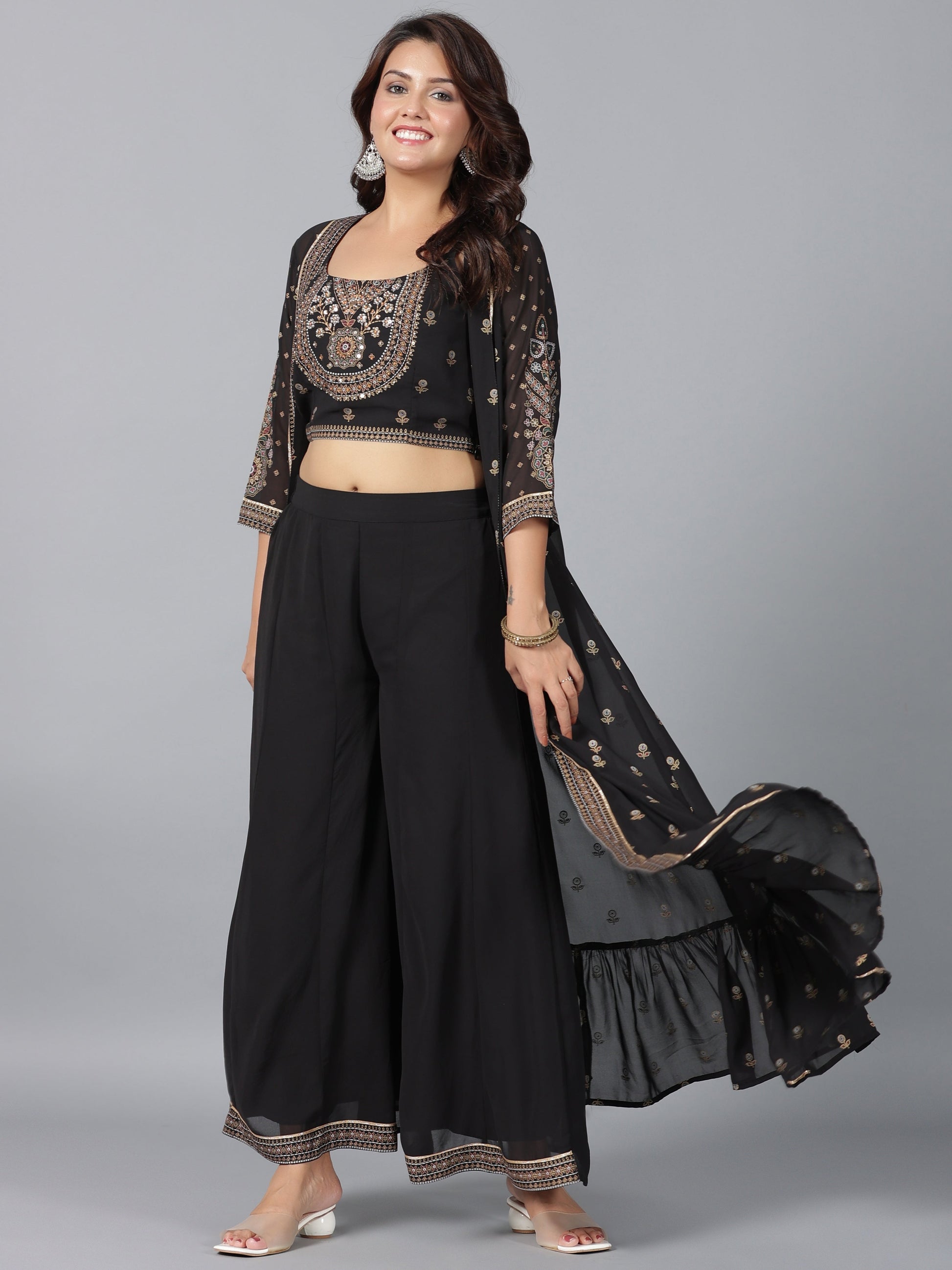Juniper Women Black Georgette Printed Clothing Set