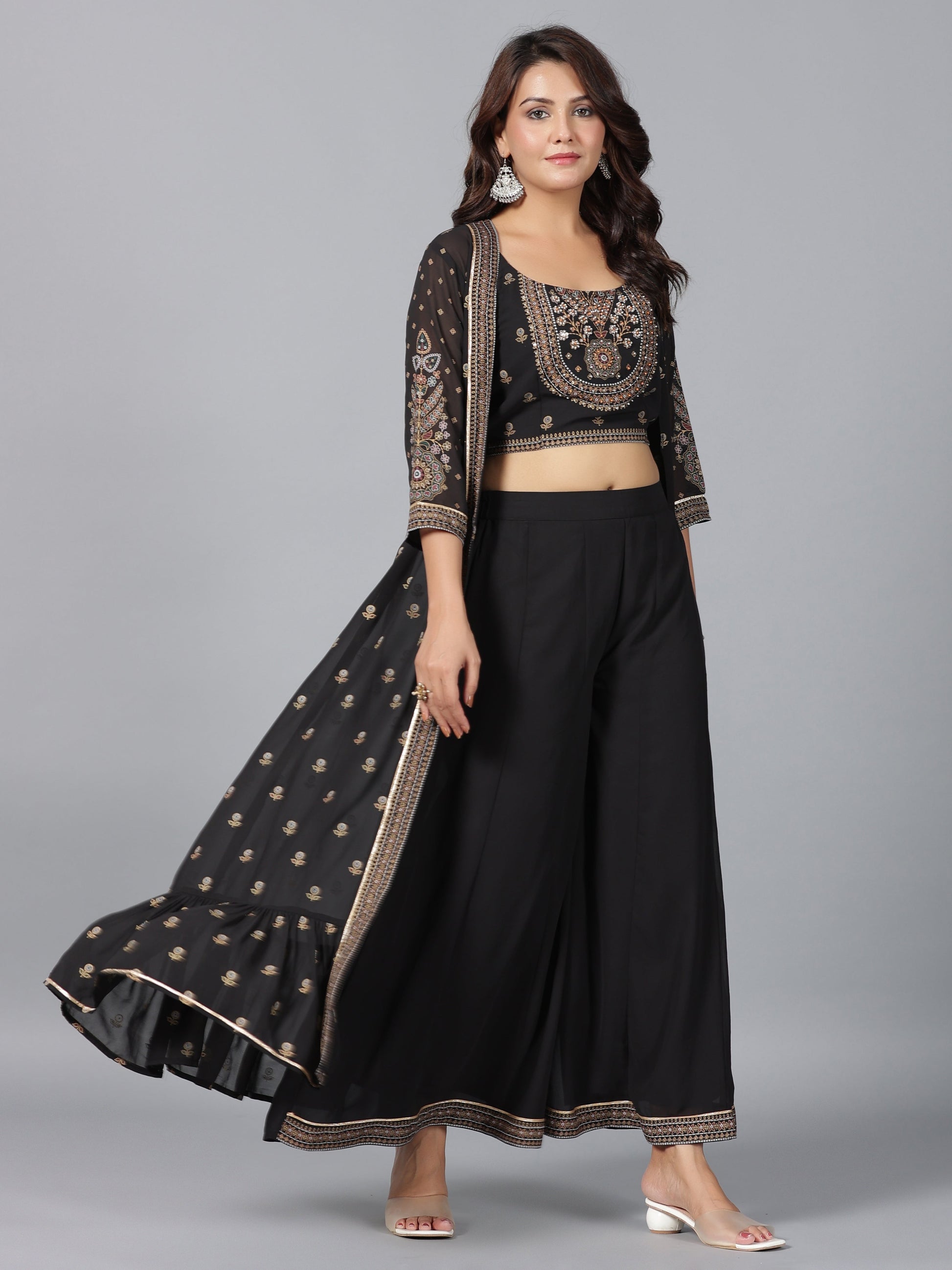 Juniper Women Black Georgette Printed Clothing Set