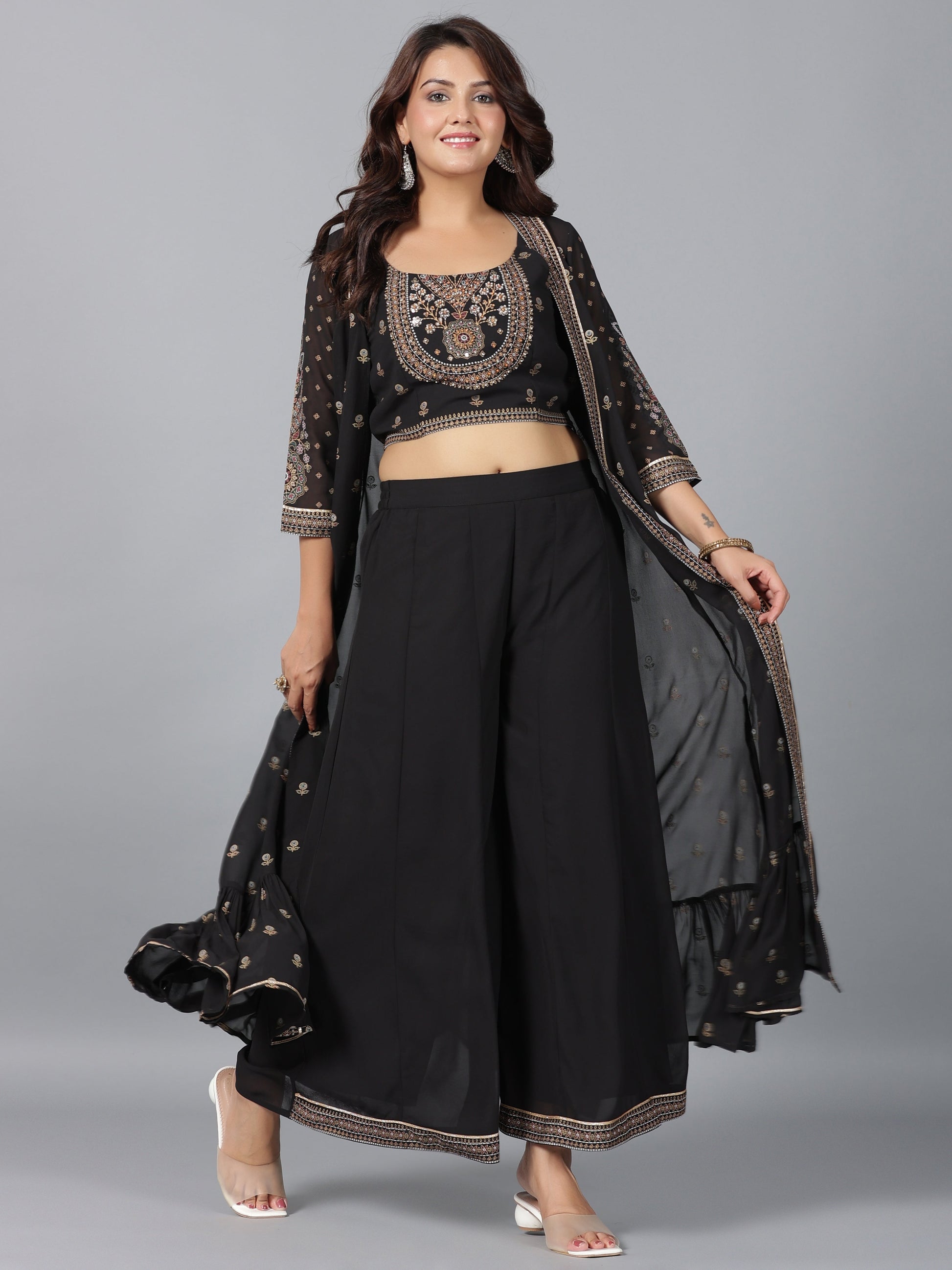 Juniper Women Black Georgette Printed Clothing Set