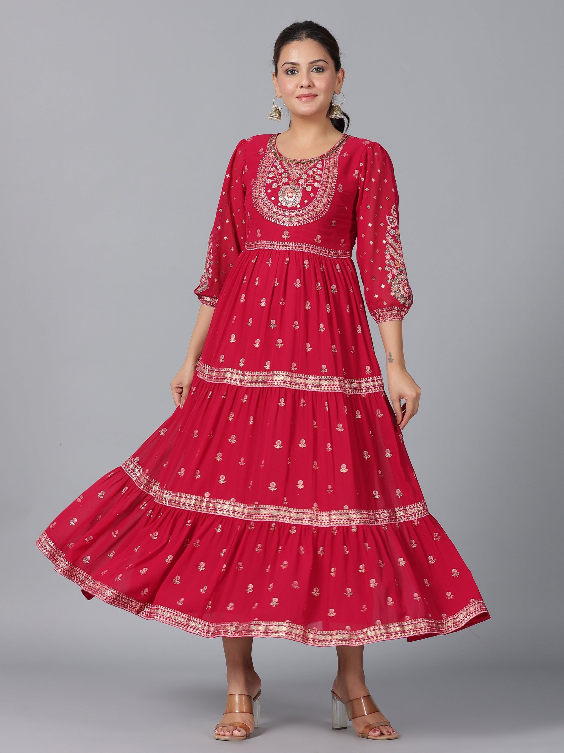Juniper Women Red Georgette Printed Tiered Maxi Dress
