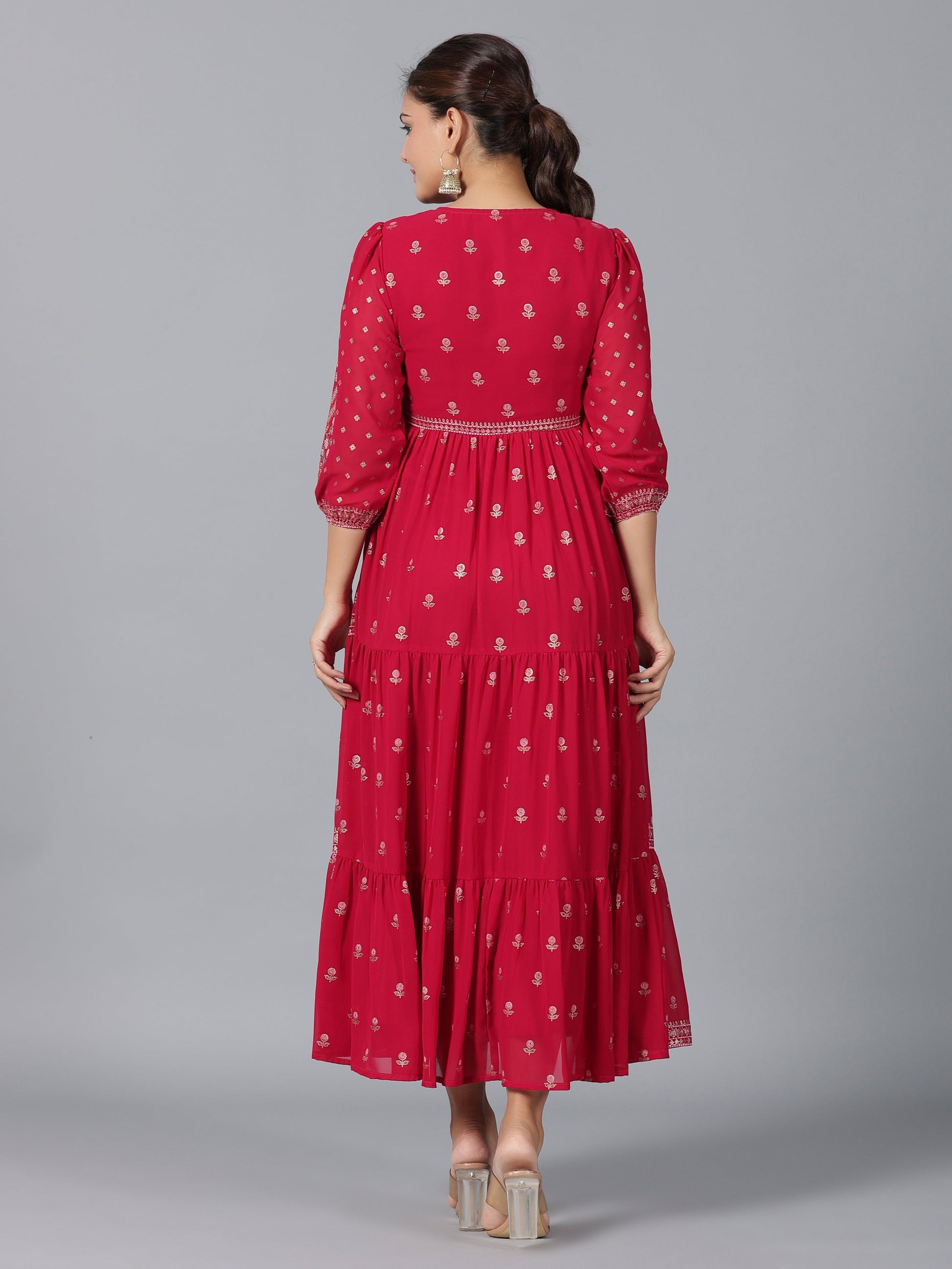 Juniper Women Red Georgette Printed Tiered Maxi Dress