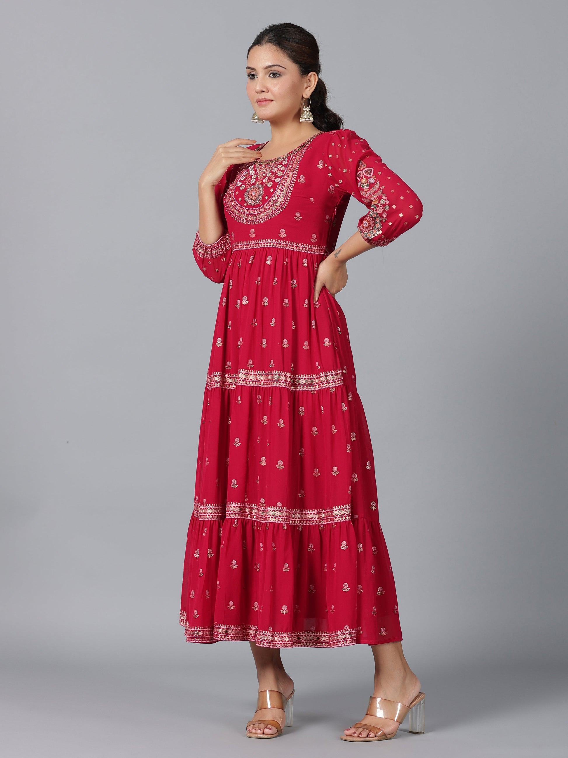 Juniper Women Red Georgette Printed Tiered Maxi Dress