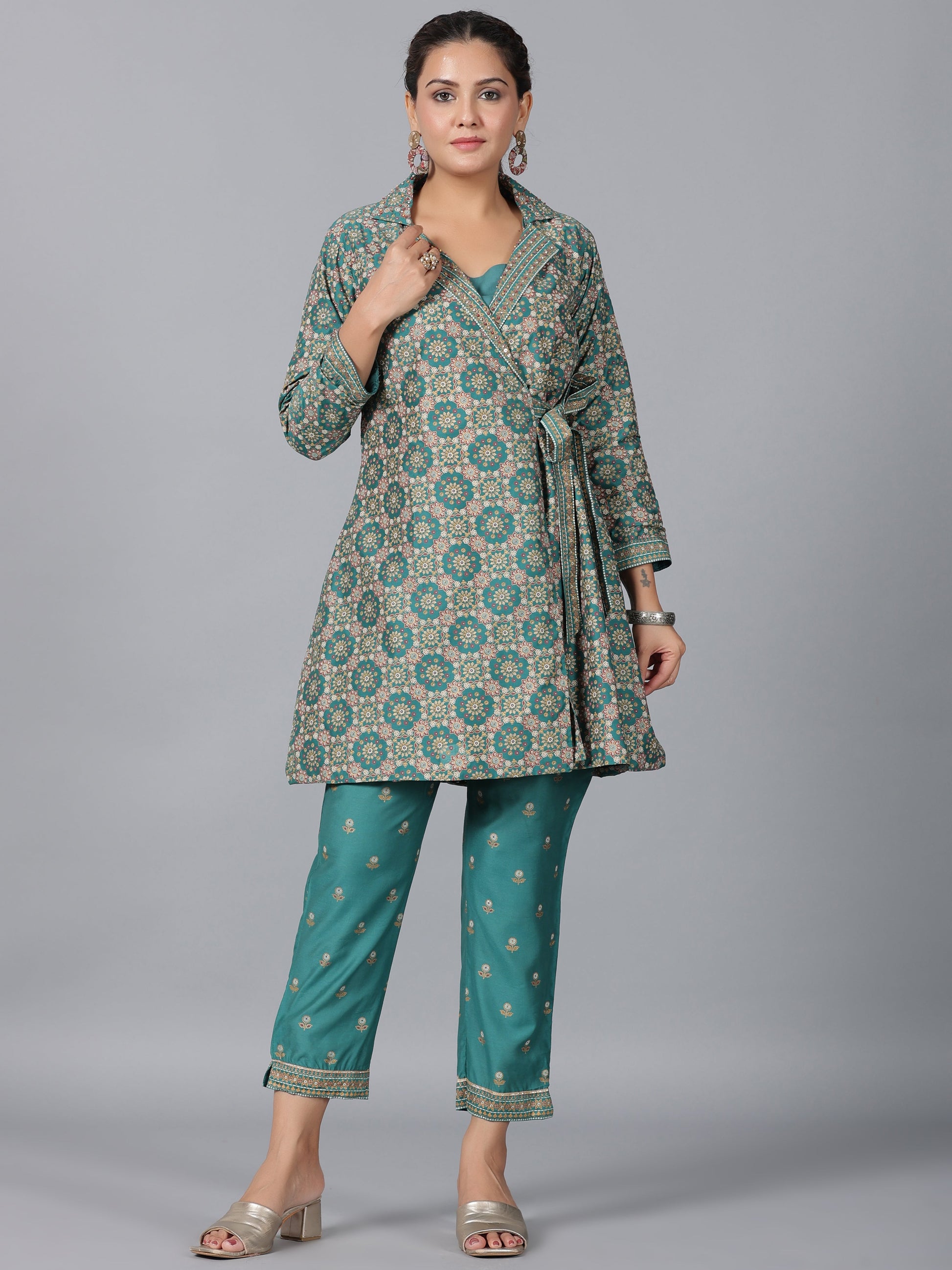 Juniper Women Teal Chanderi Printed Clothing Set