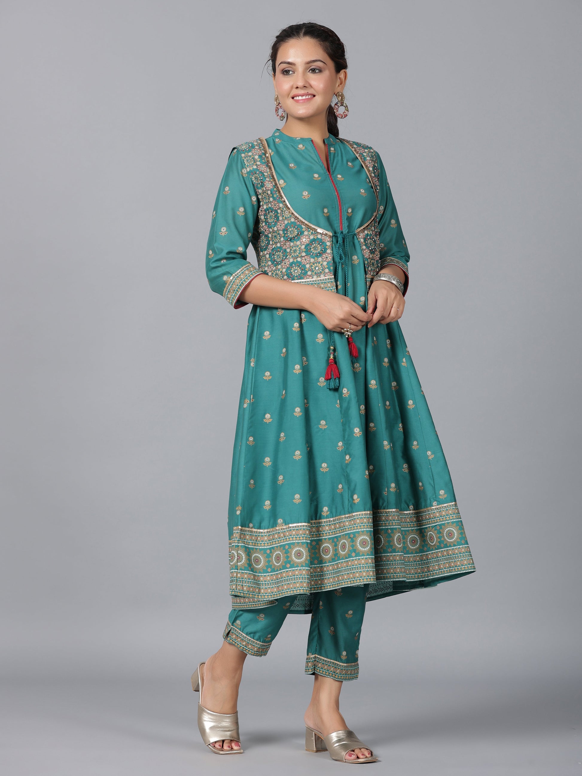 Juniper Women Teal Chanderi Printed Kurta& Pants Set