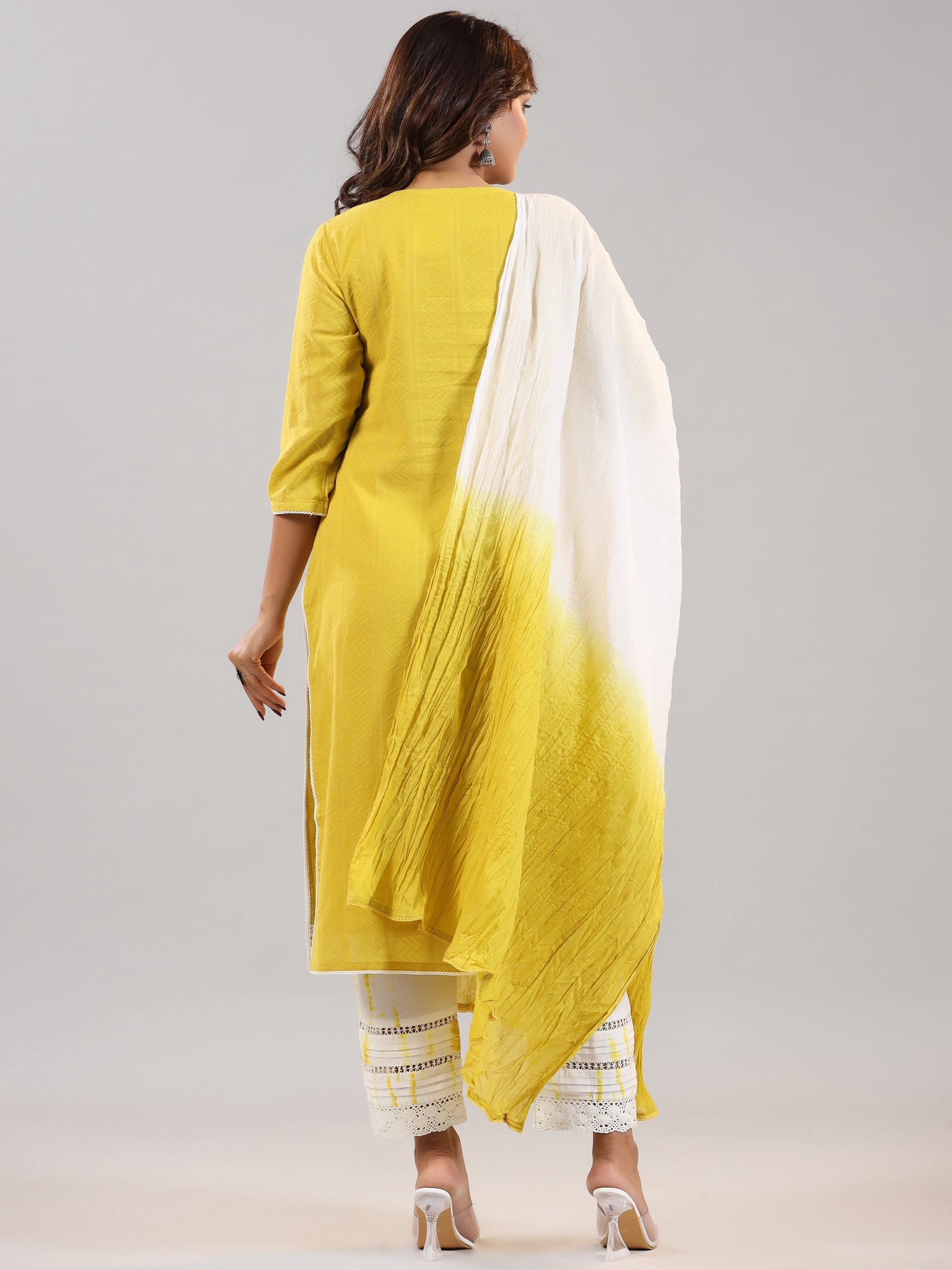 Juniper Women Lime Cotton Dobby Embroidered Kurta, Pants & Dupatta Set