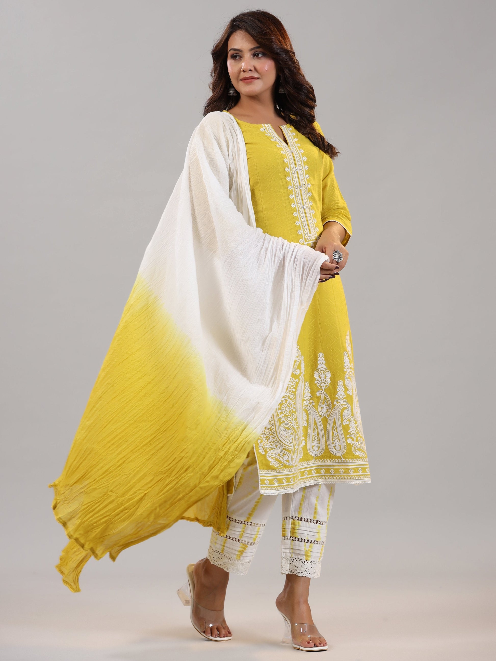 Juniper Women Lime Cotton Dobby Embroidered Kurta, Pants & Dupatta Set