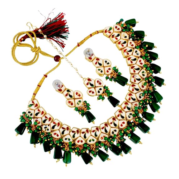 Tehzeeb Creations Meenakari Gold-Polished pentagon shape Uncut Kundan Necklace Set Tehzeeb Creations