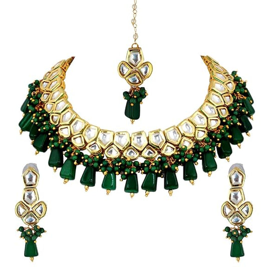 Tehzeeb Creations Meenakari Gold-Polished pentagon shape Uncut Kundan Necklace Set Tehzeeb Creations