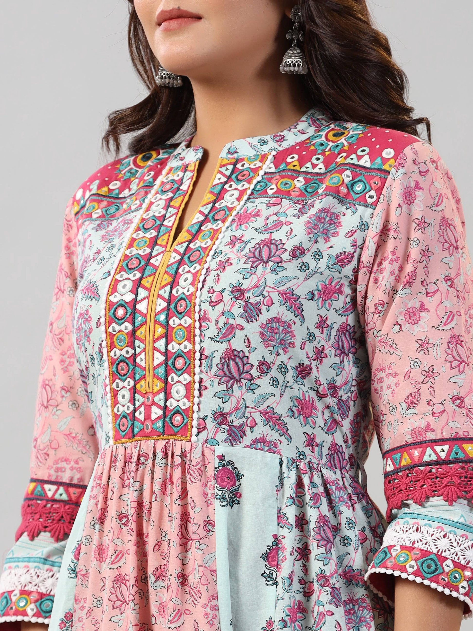 Juniper Women Mint Printed Cotton Kurta & Pants Set