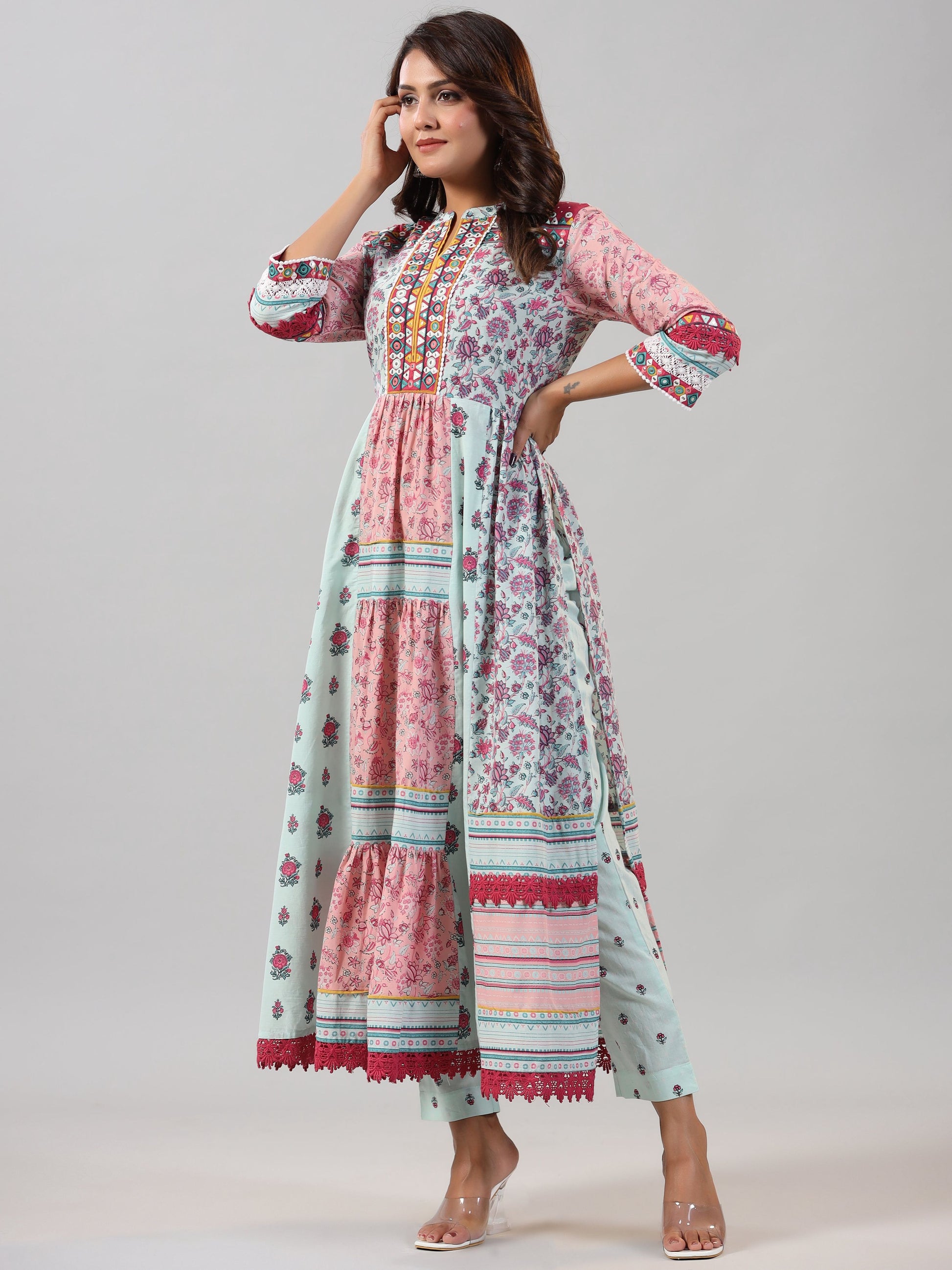 Juniper Women Mint Printed Cotton Kurta & Pants Set