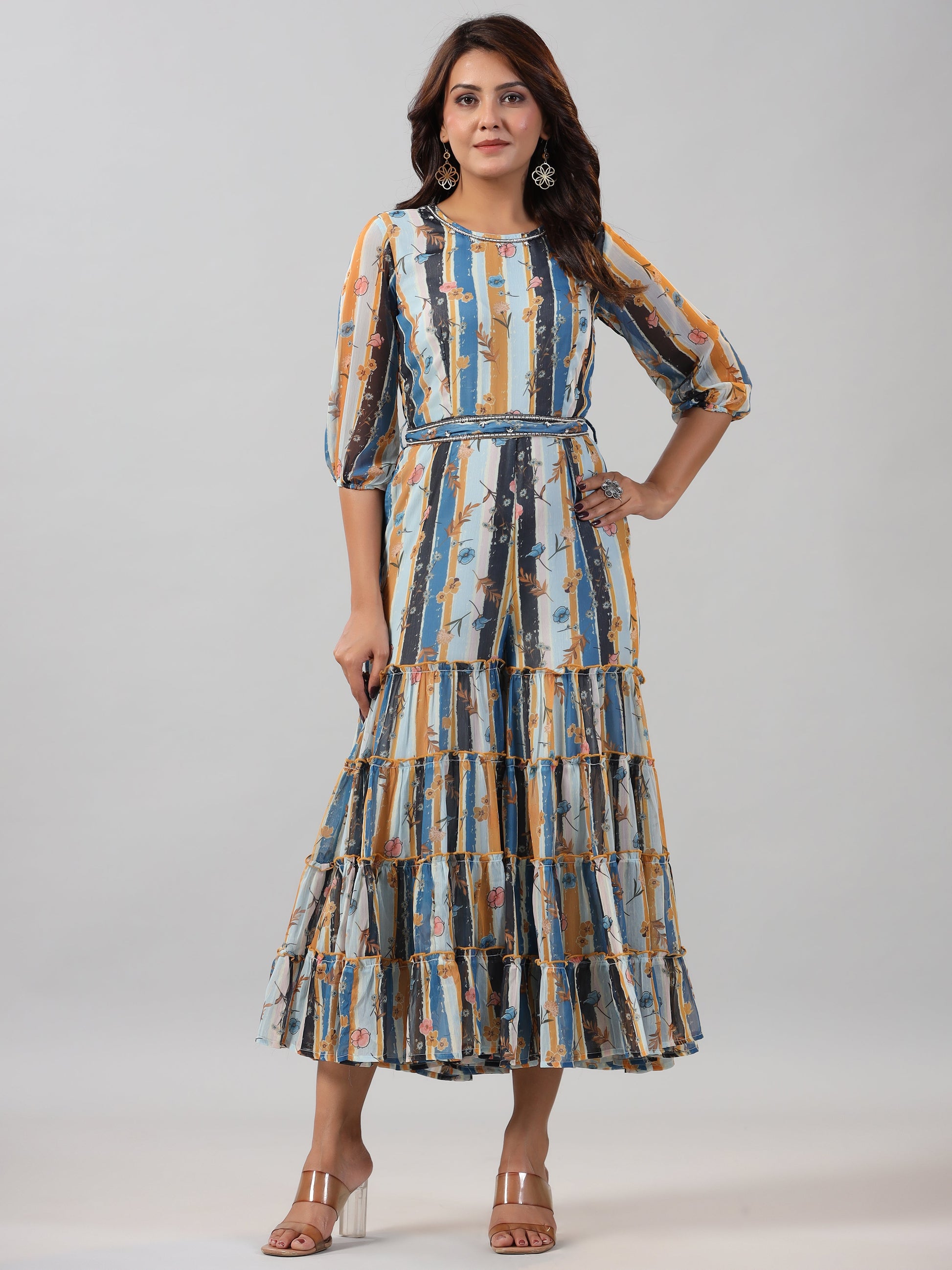 Juniper Women Skyblue Chiffon Printed Jumpsuit