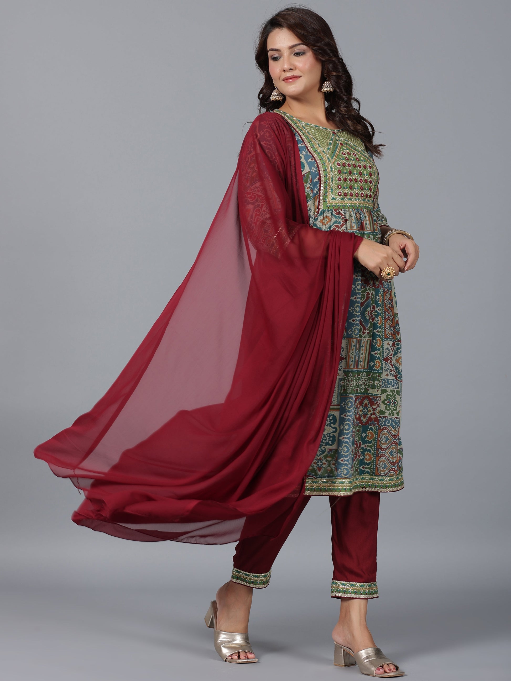 Juniper Women Green Chiffon Printed with Embroidery Kurta, Pants & Dupatta Set