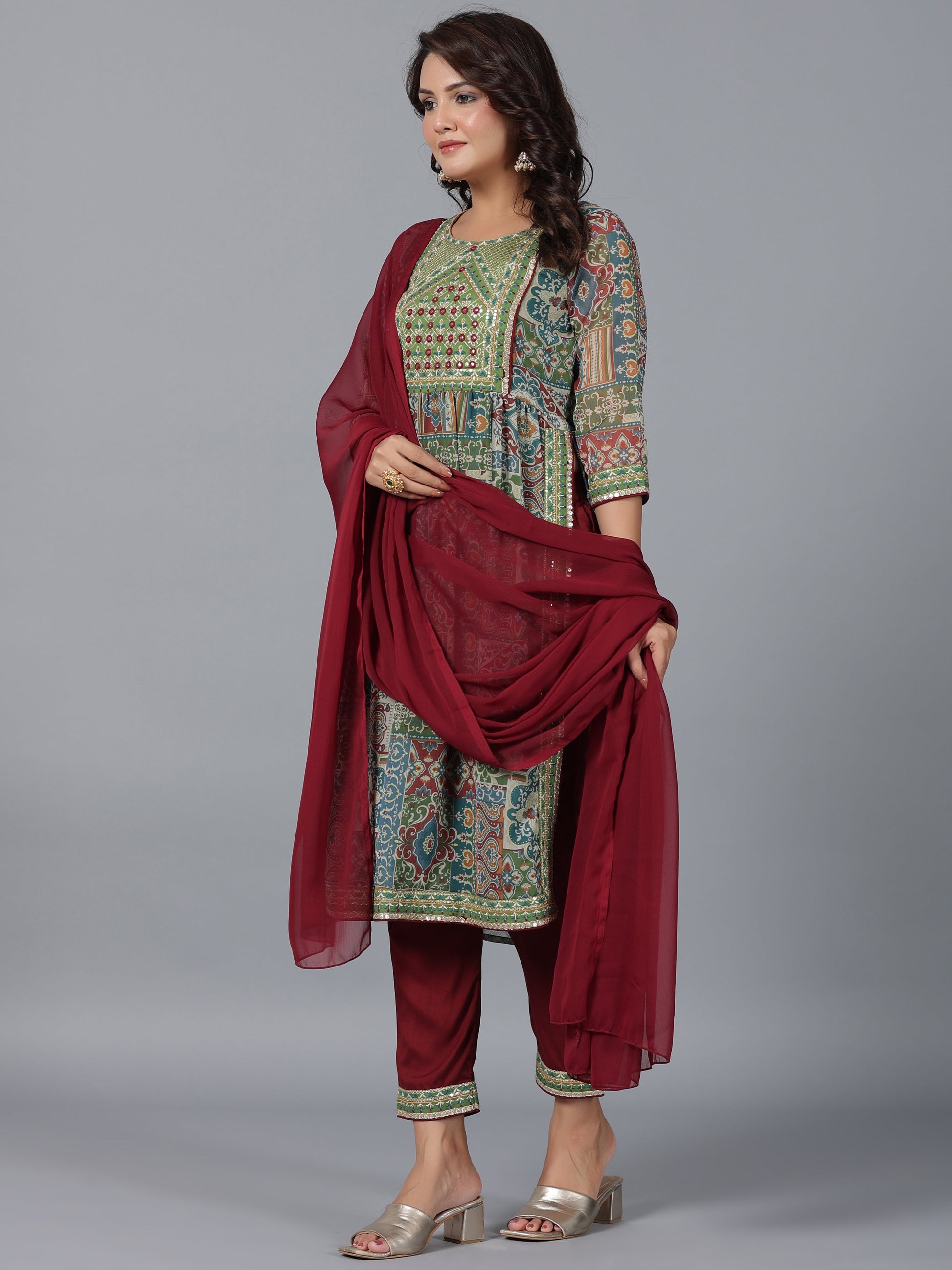 Juniper Women Green Chiffon Printed with Embroidery Kurta, Pants & Dupatta Set