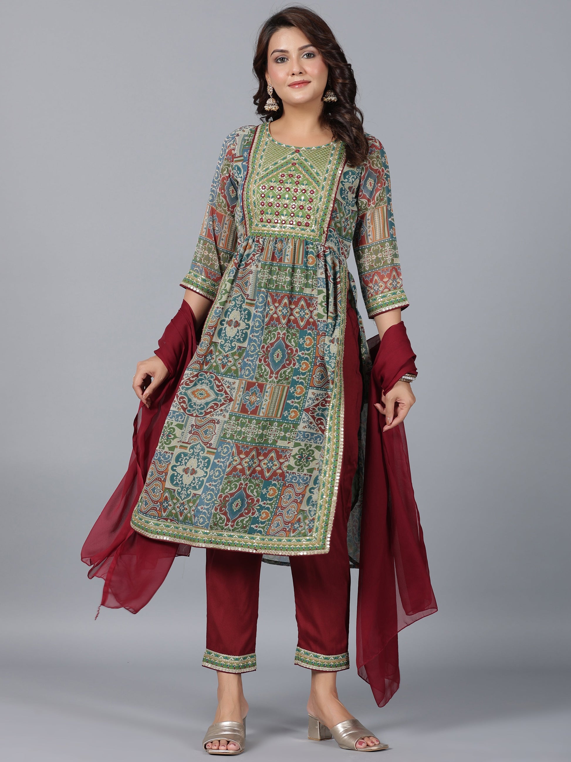 Juniper Women Green Chiffon Printed with Embroidery Kurta, Pants & Dupatta Set