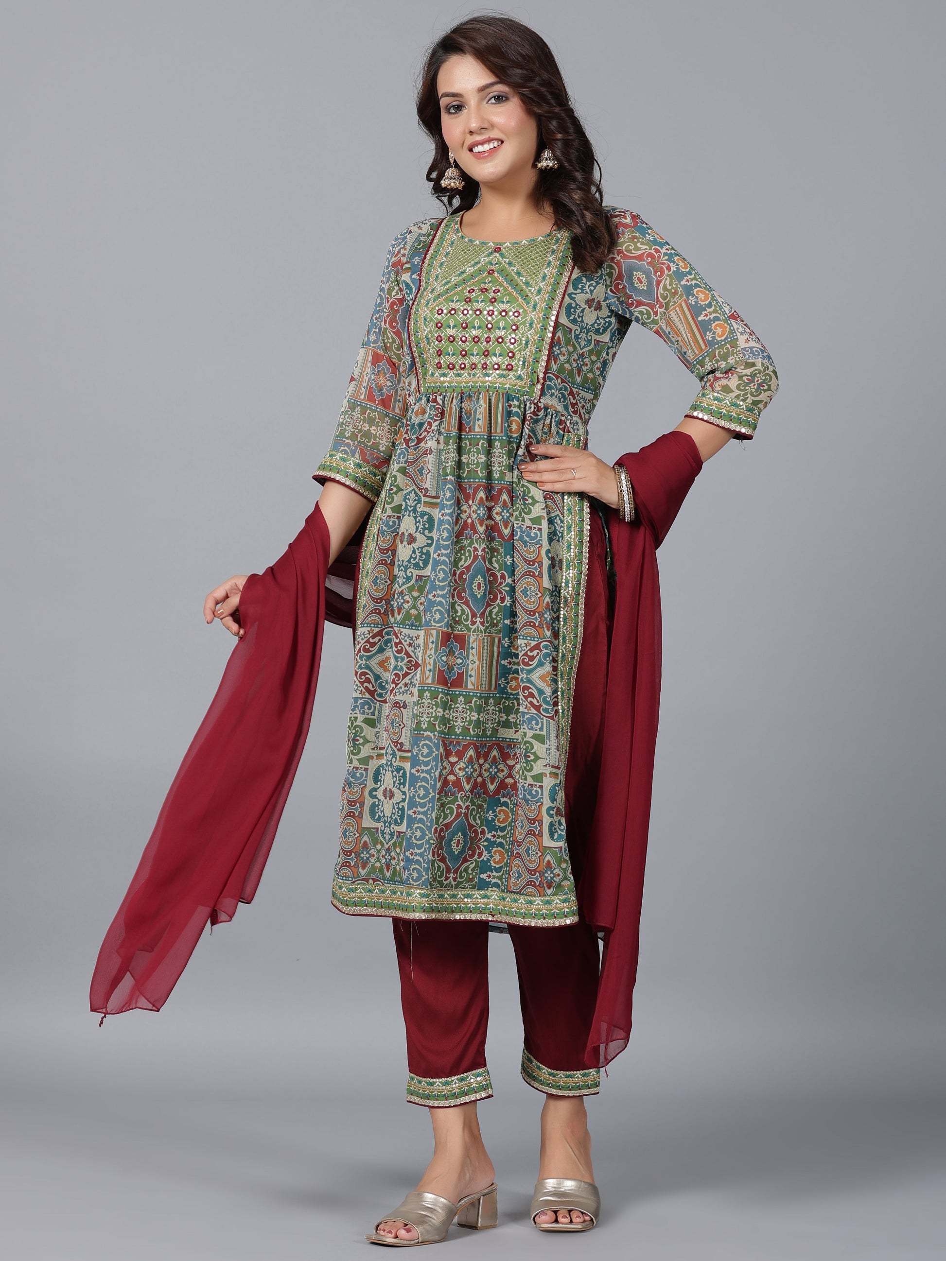 Juniper Women Green Chiffon Printed with Embroidery Kurta, Pants & Dupatta Set