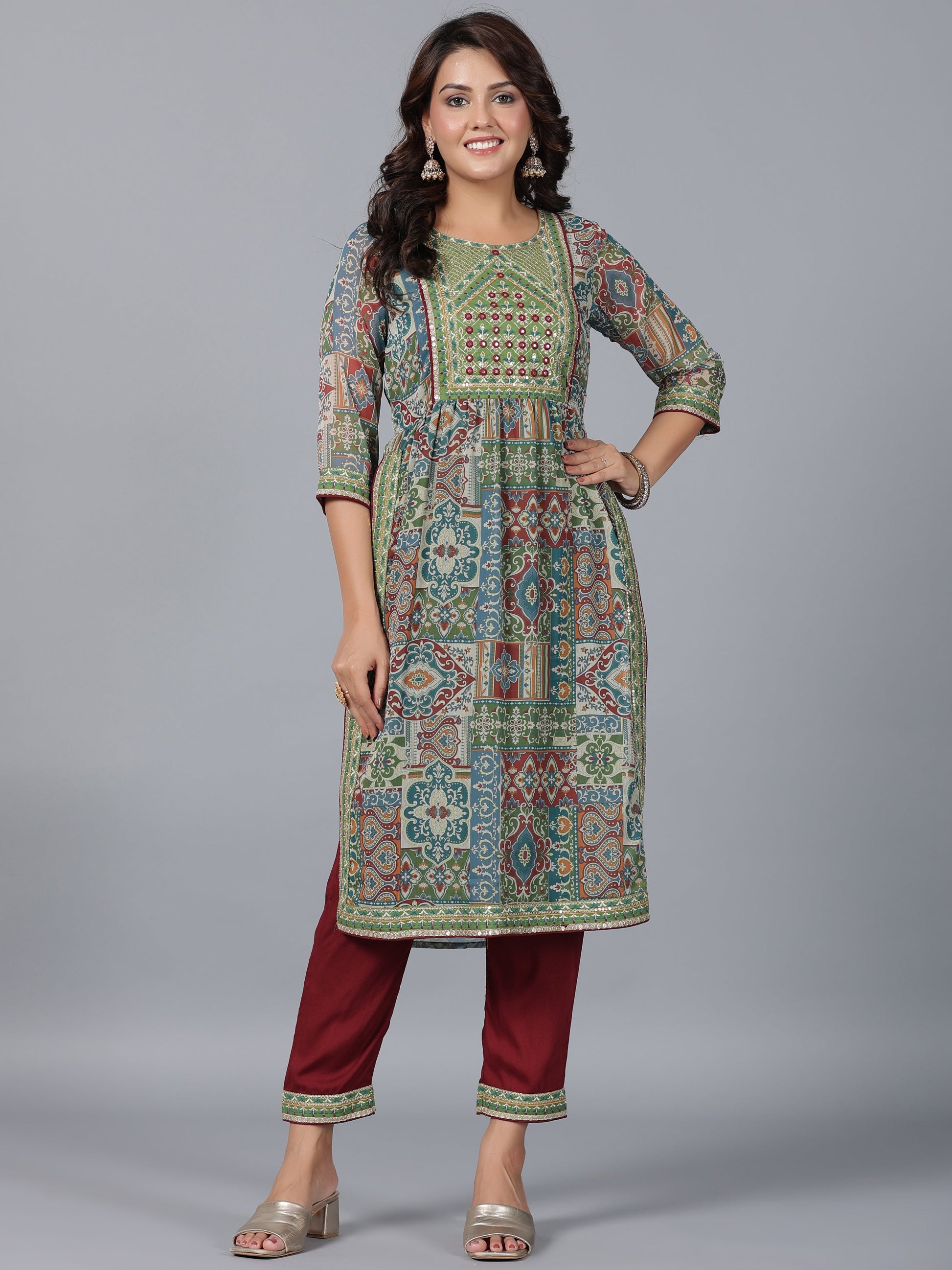 Juniper Women Green Chiffon Printed with Embroidery Kurta, Pants & Dupatta Set