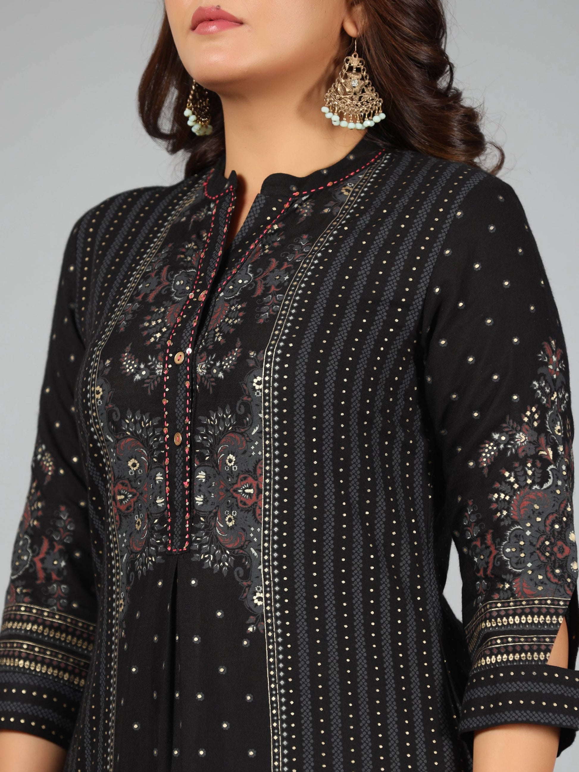 Juniper Women Black Rayon Printed Kurta Pants Set