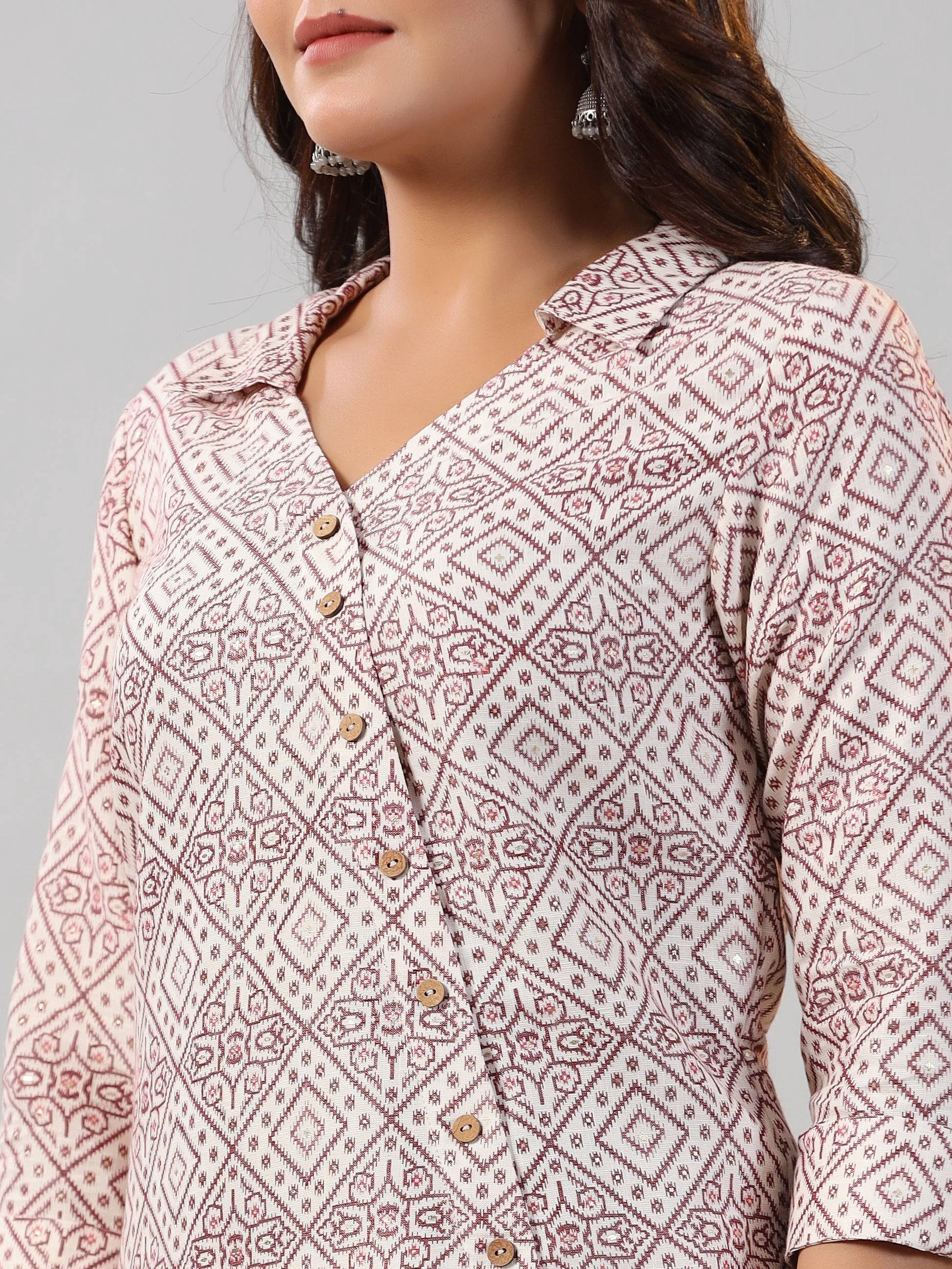 Juniper Women Off-White 2 Tone Printed Asymmetric Kurta