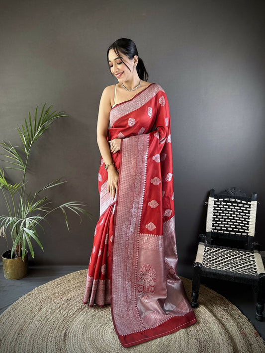Joban Fashion Maroon Floral Motifs Soft Silk Banarasi Saree