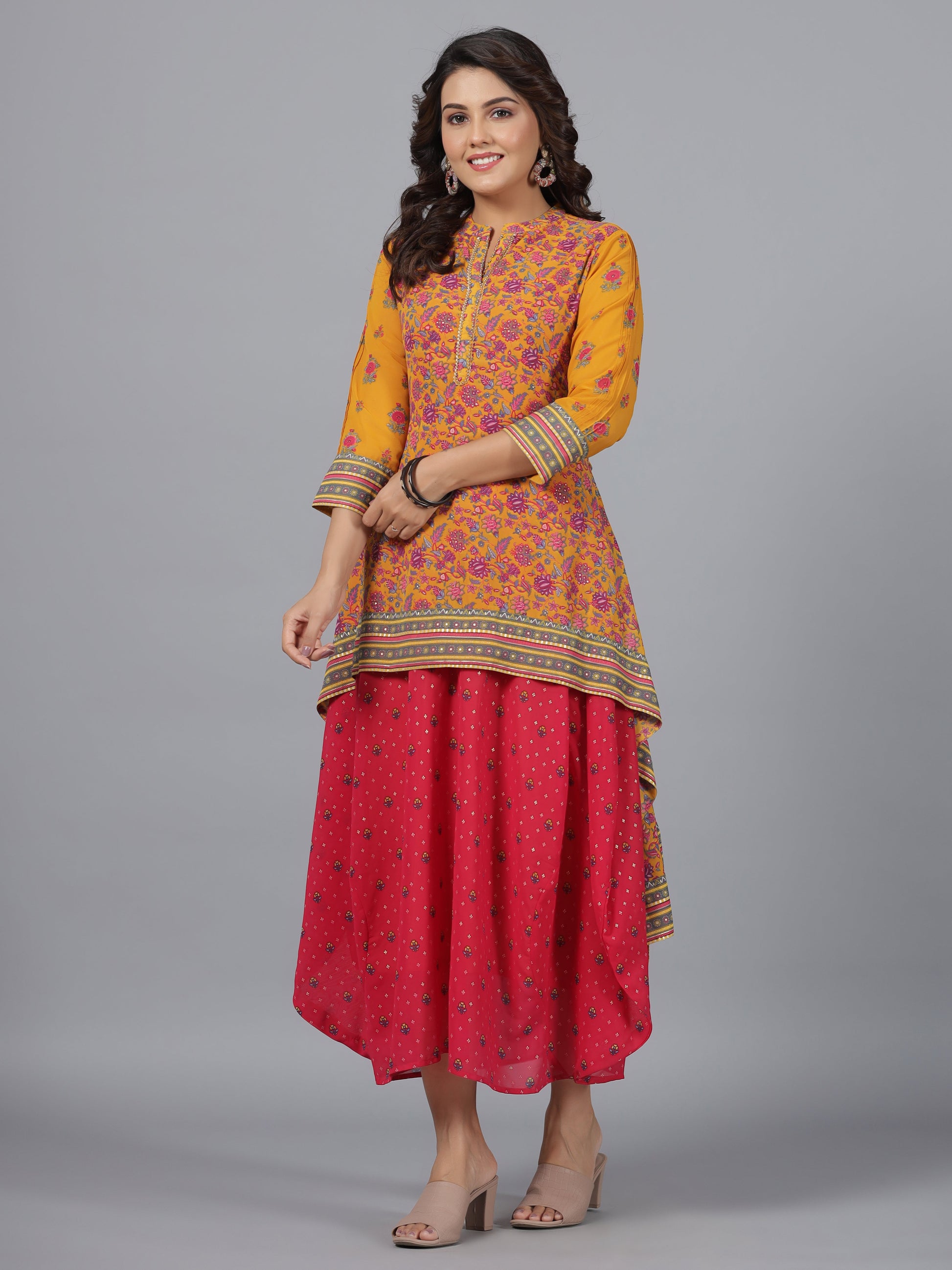 Juniper Women Mustard Georgette Printed Draped Maxi Dress