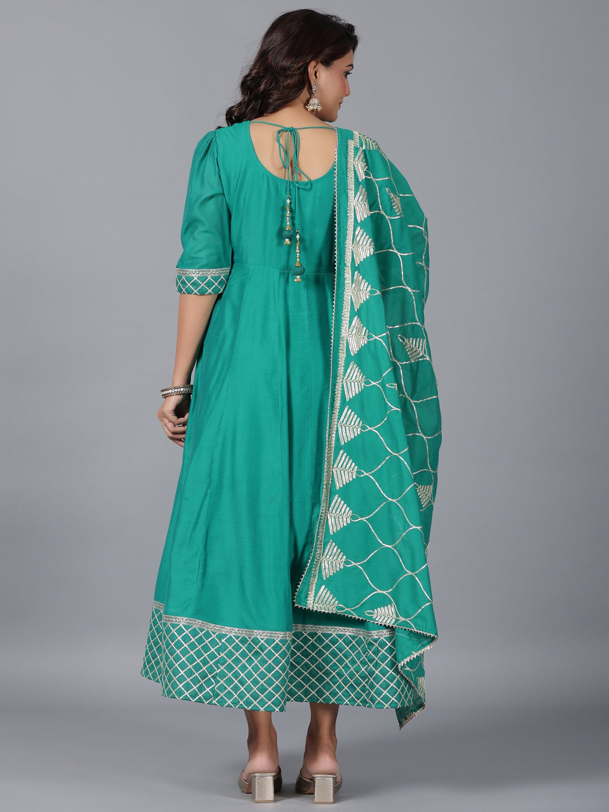 Juniper Women's Green Chanderi Anarkali Gota Patti Kurta & Dupatta Set