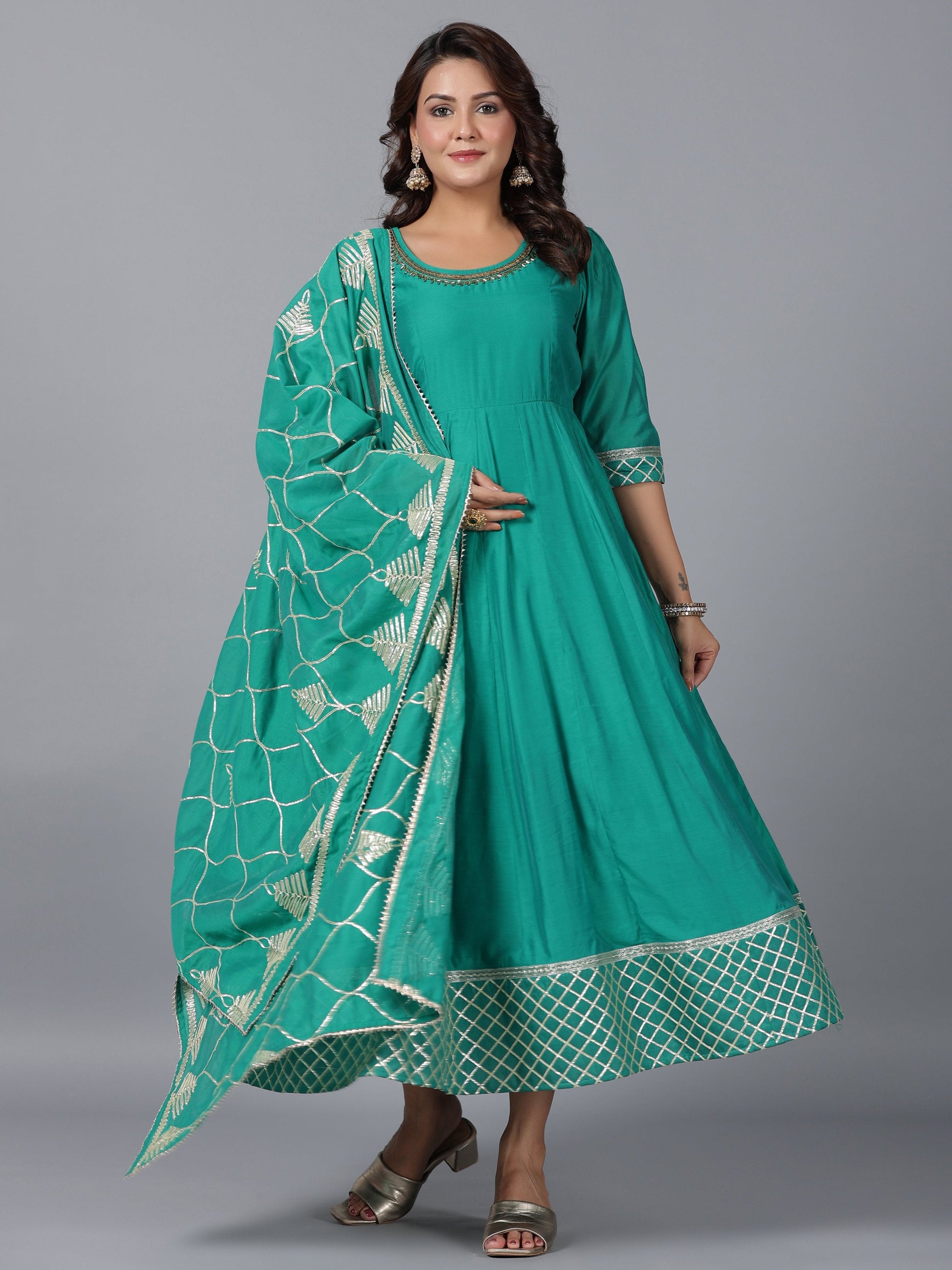 Juniper Women's Green Chanderi Anarkali Gota Patti Kurta & Dupatta Set