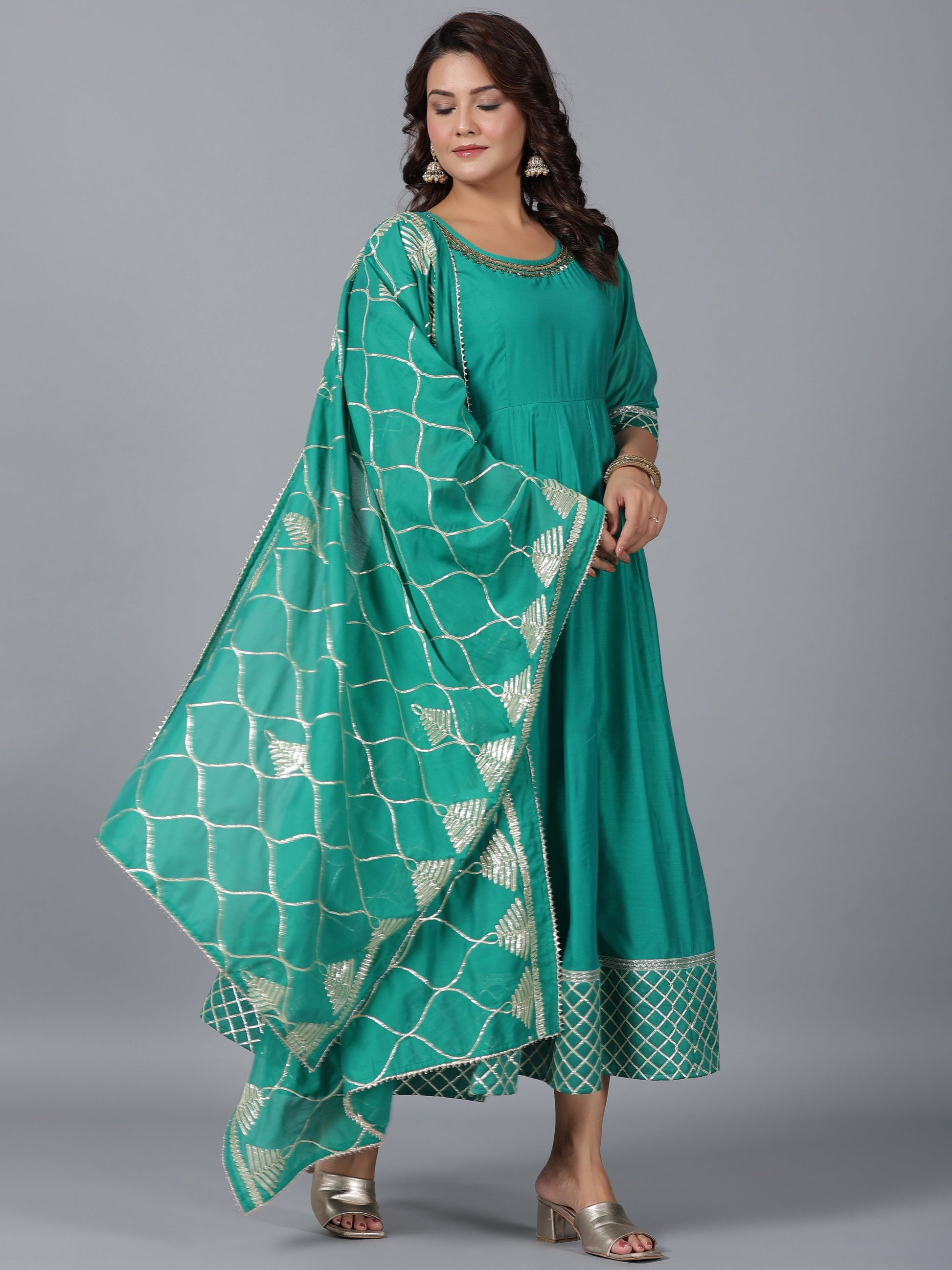 Juniper Women's Green Chanderi Anarkali Gota Patti Kurta & Dupatta Set