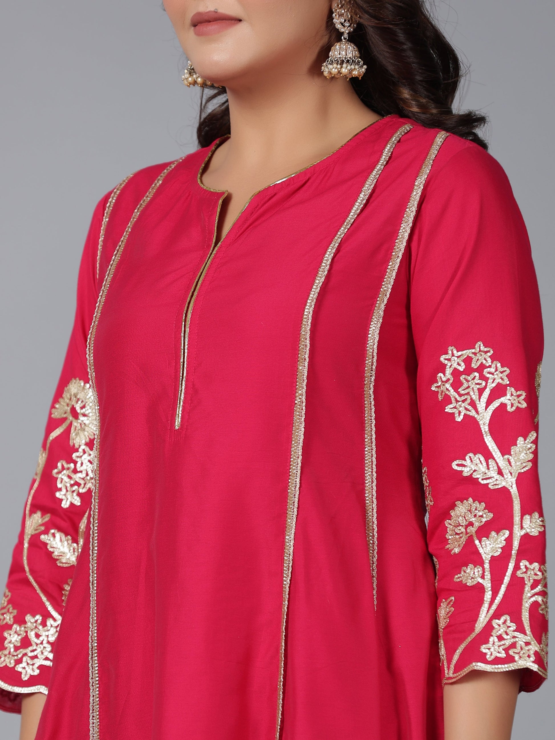 Juniper Women Fuchsia Chanderi Gota Patti Kurta, Palazzo & Dupatta Set
