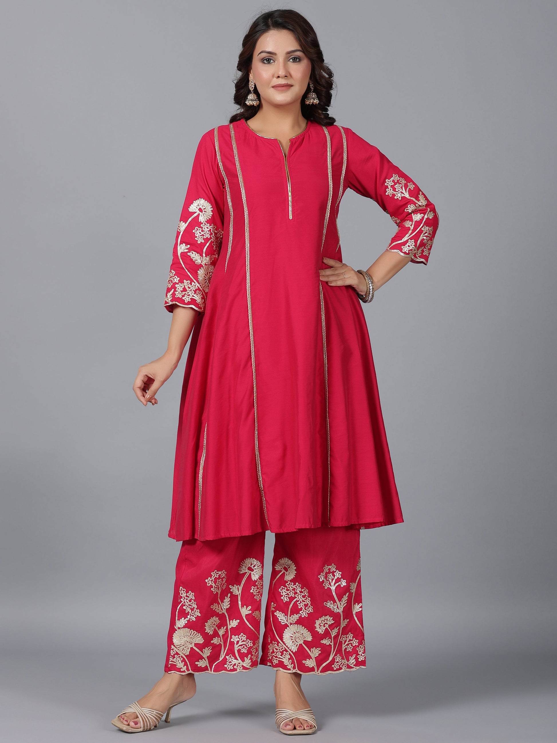 Juniper Women Fuchsia Chanderi Gota Patti Kurta, Palazzo & Dupatta Set
