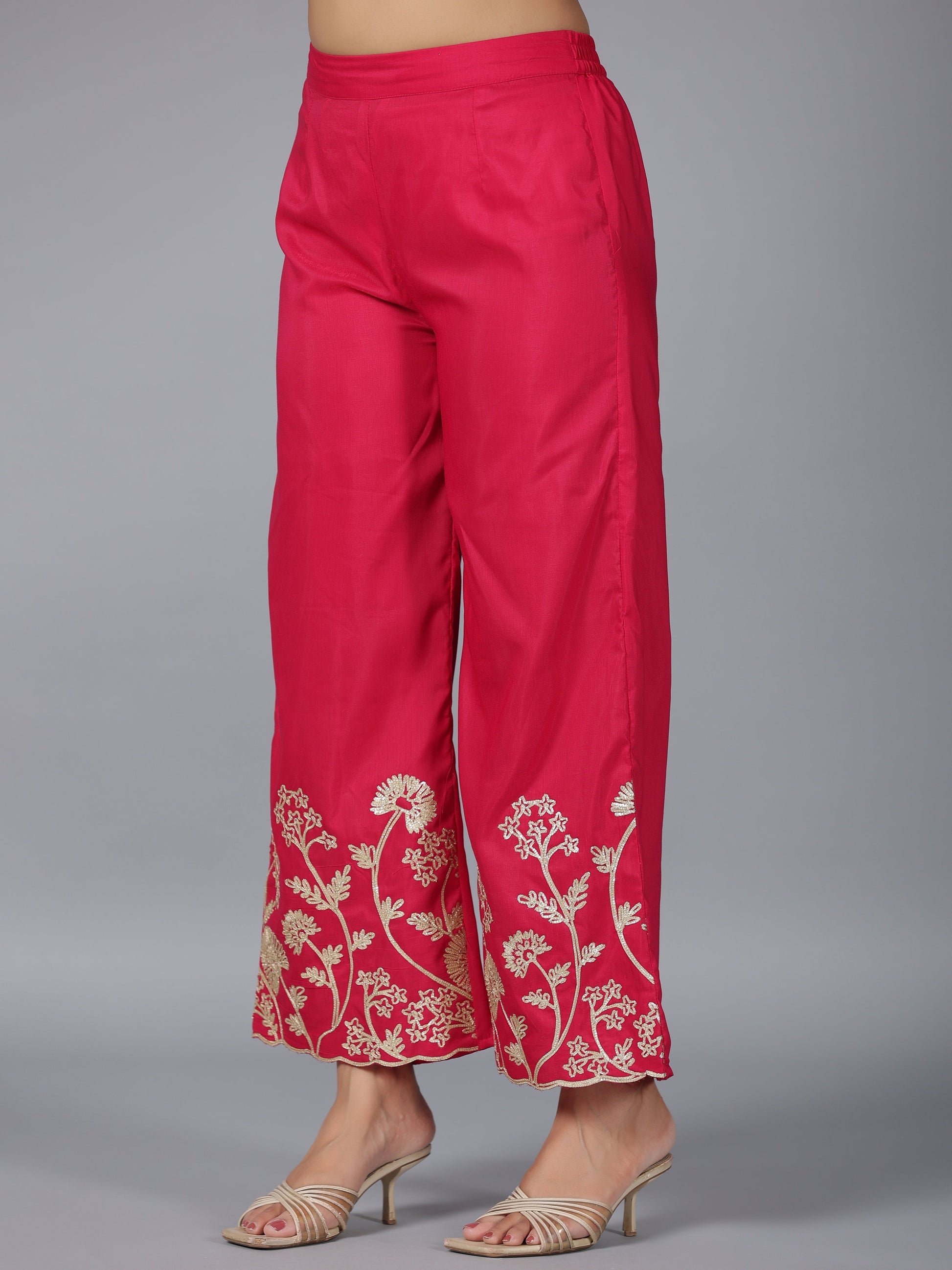 Juniper Women Fuchsia Chanderi Gota Patti Kurta, Palazzo & Dupatta Set