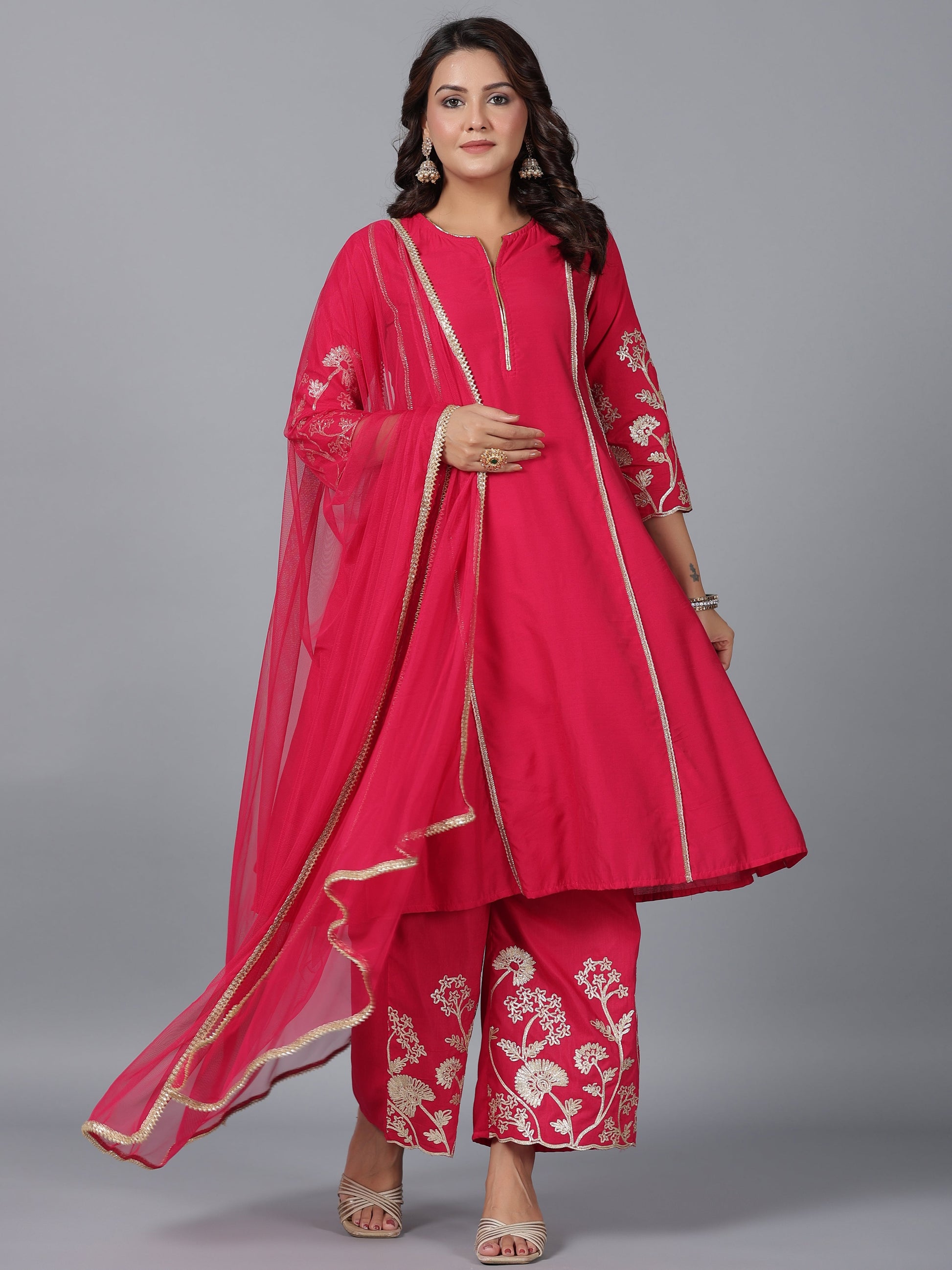 Juniper Women Fuchsia Chanderi Gota Patti Kurta, Palazzo & Dupatta Set