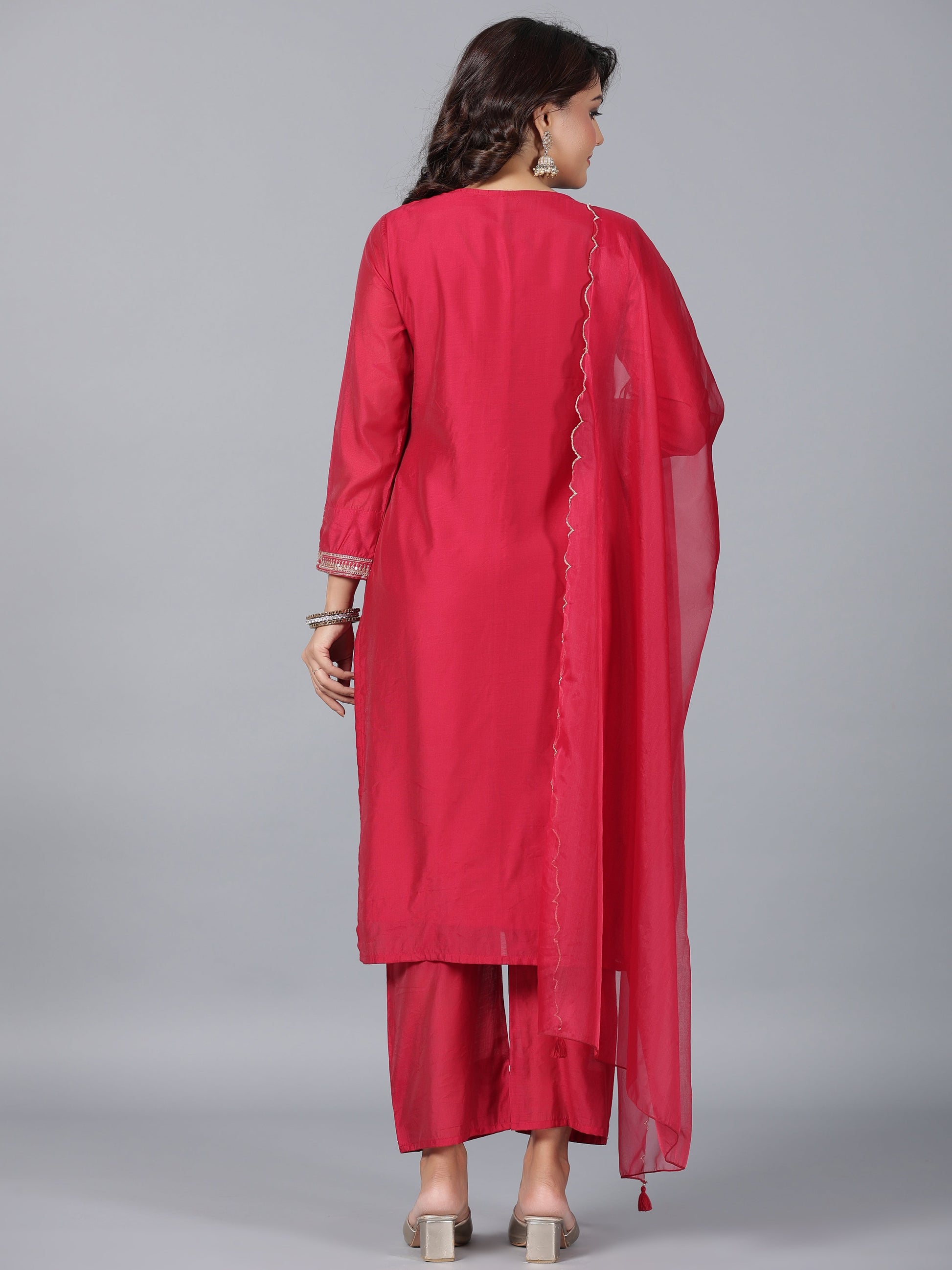 Juniper Women Red Chanderi Embroidered Kurta, Pants & Dupatta Set