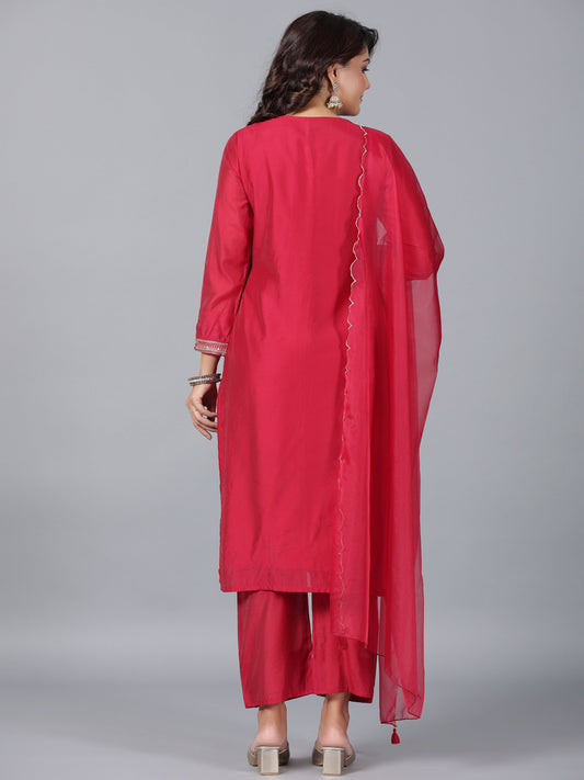 Juniper Women Red Chanderi Embroidered Kurta, Pants & Dupatta Set