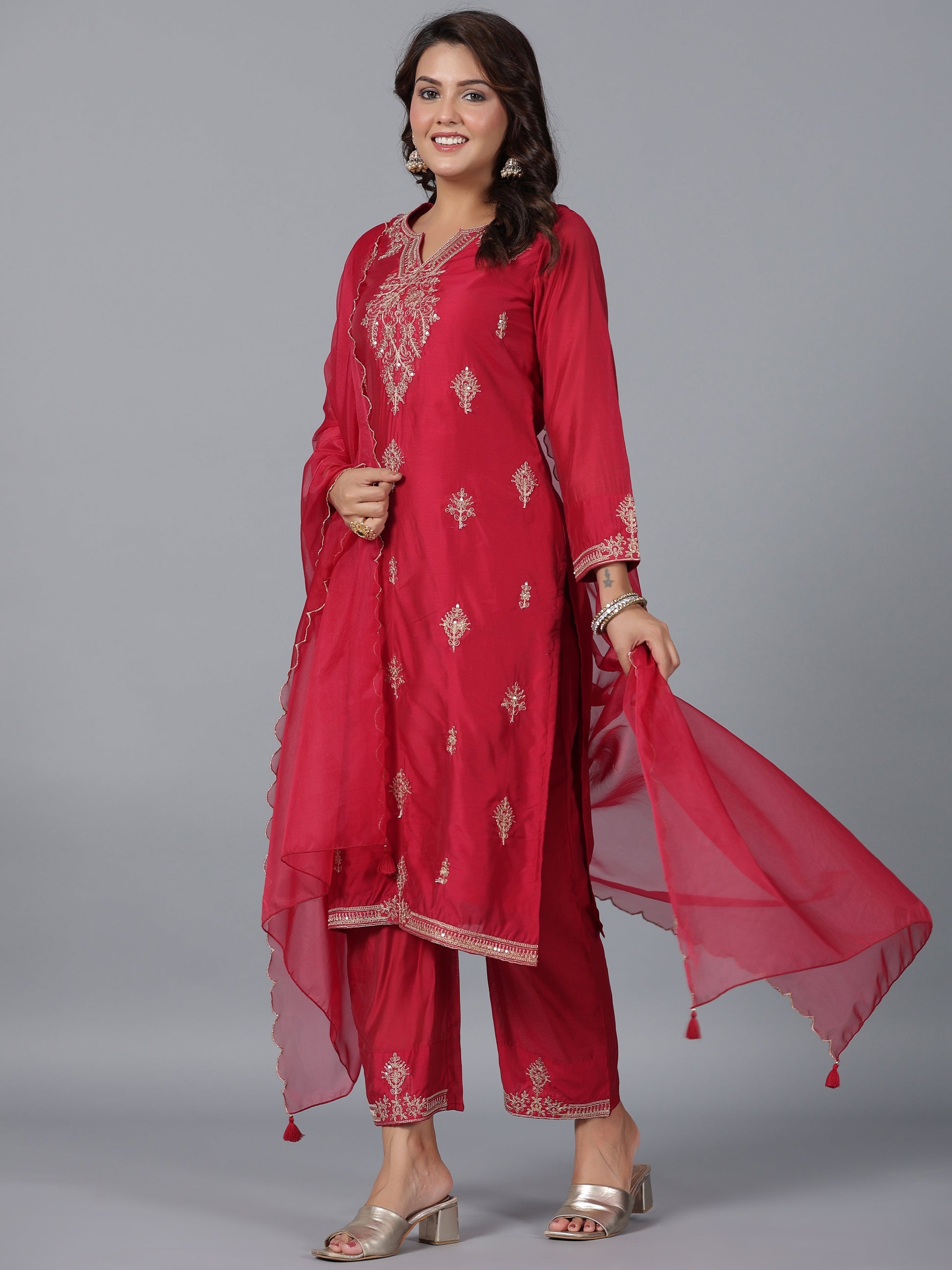 Juniper Women Red Chanderi Embroidered Kurta, Pants & Dupatta Set