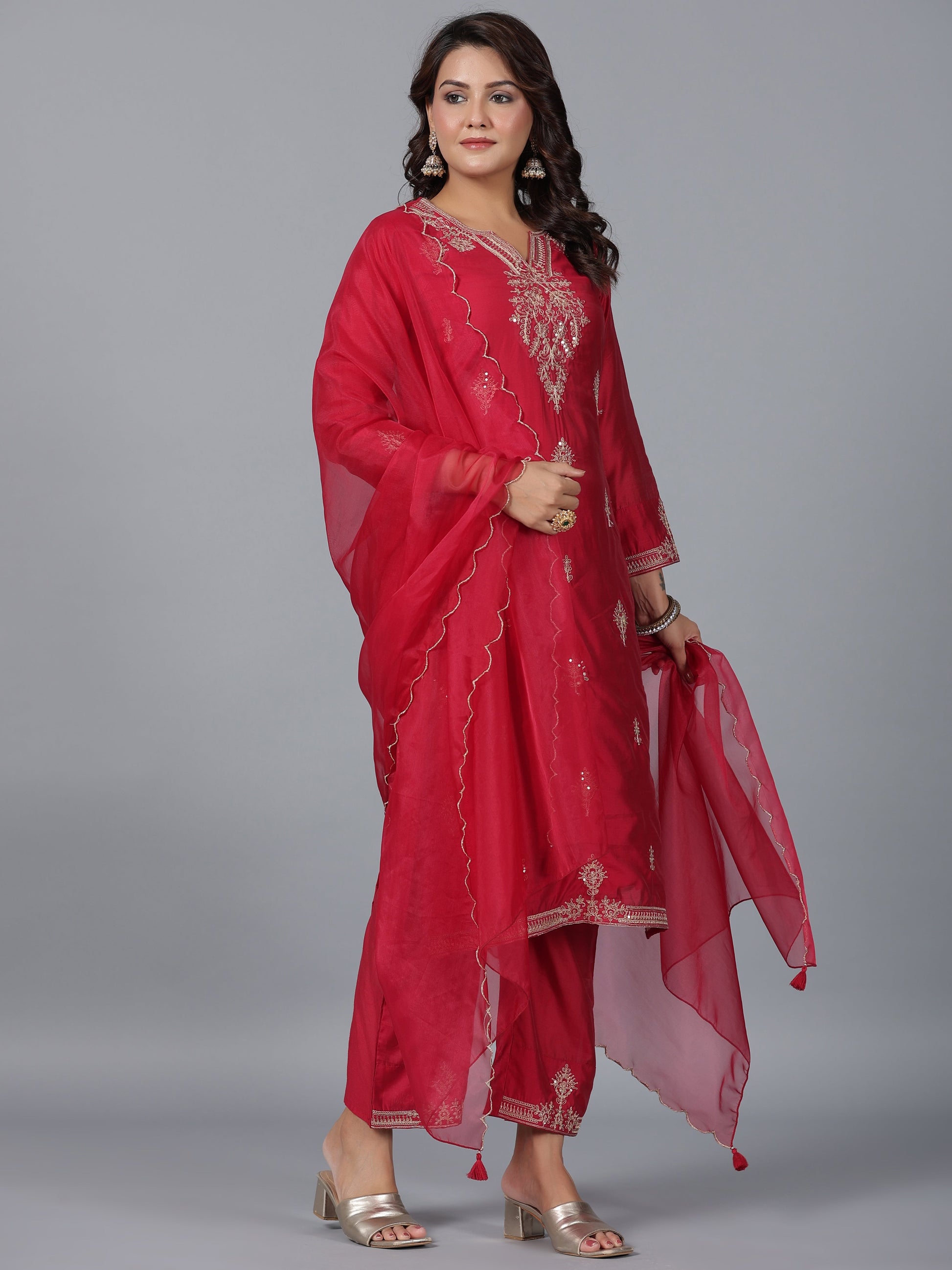 Juniper Women Red Chanderi Embroidered Kurta, Pants & Dupatta Set