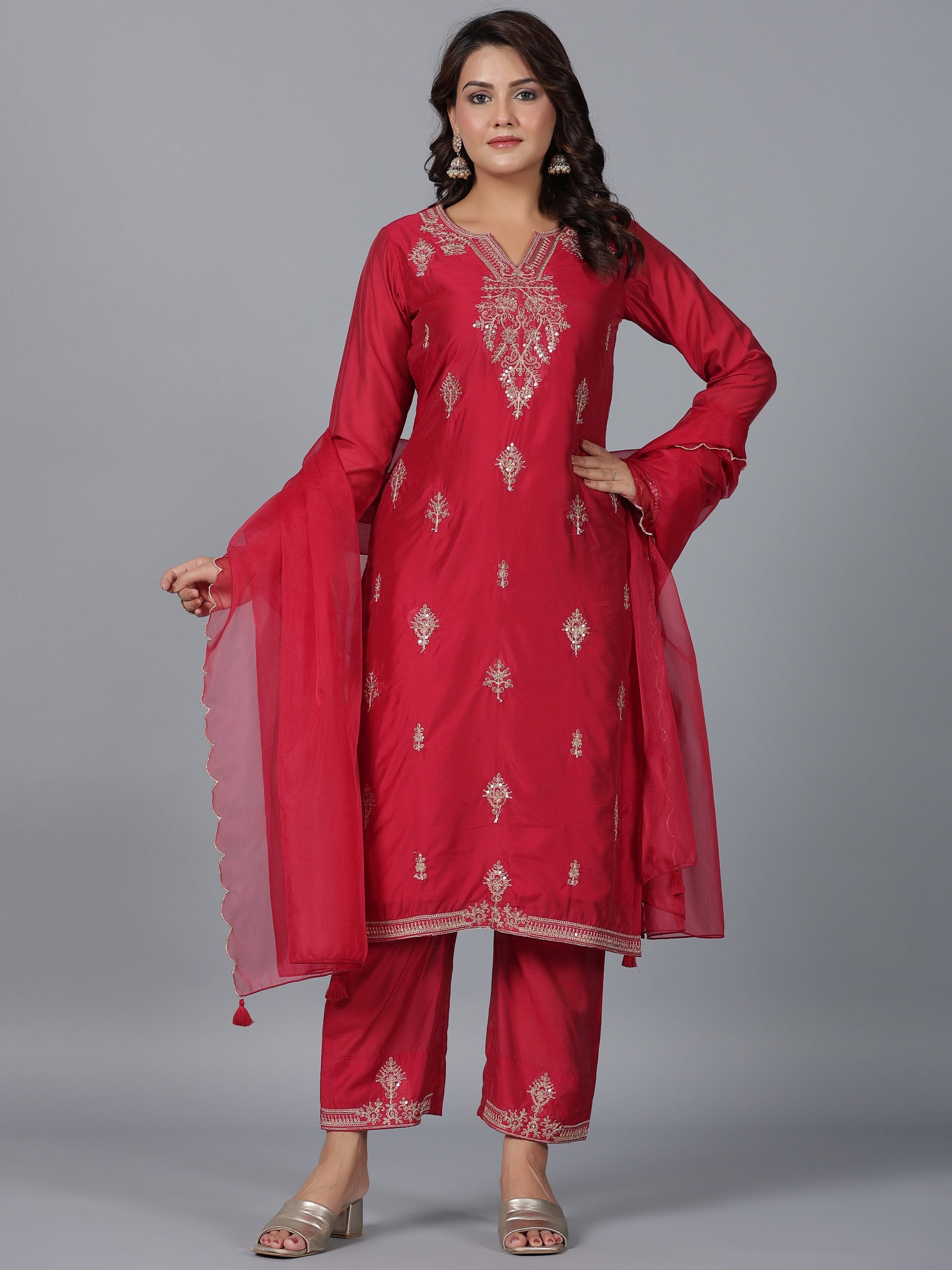 Juniper Women Red Chanderi Embroidered Kurta, Pants & Dupatta Set