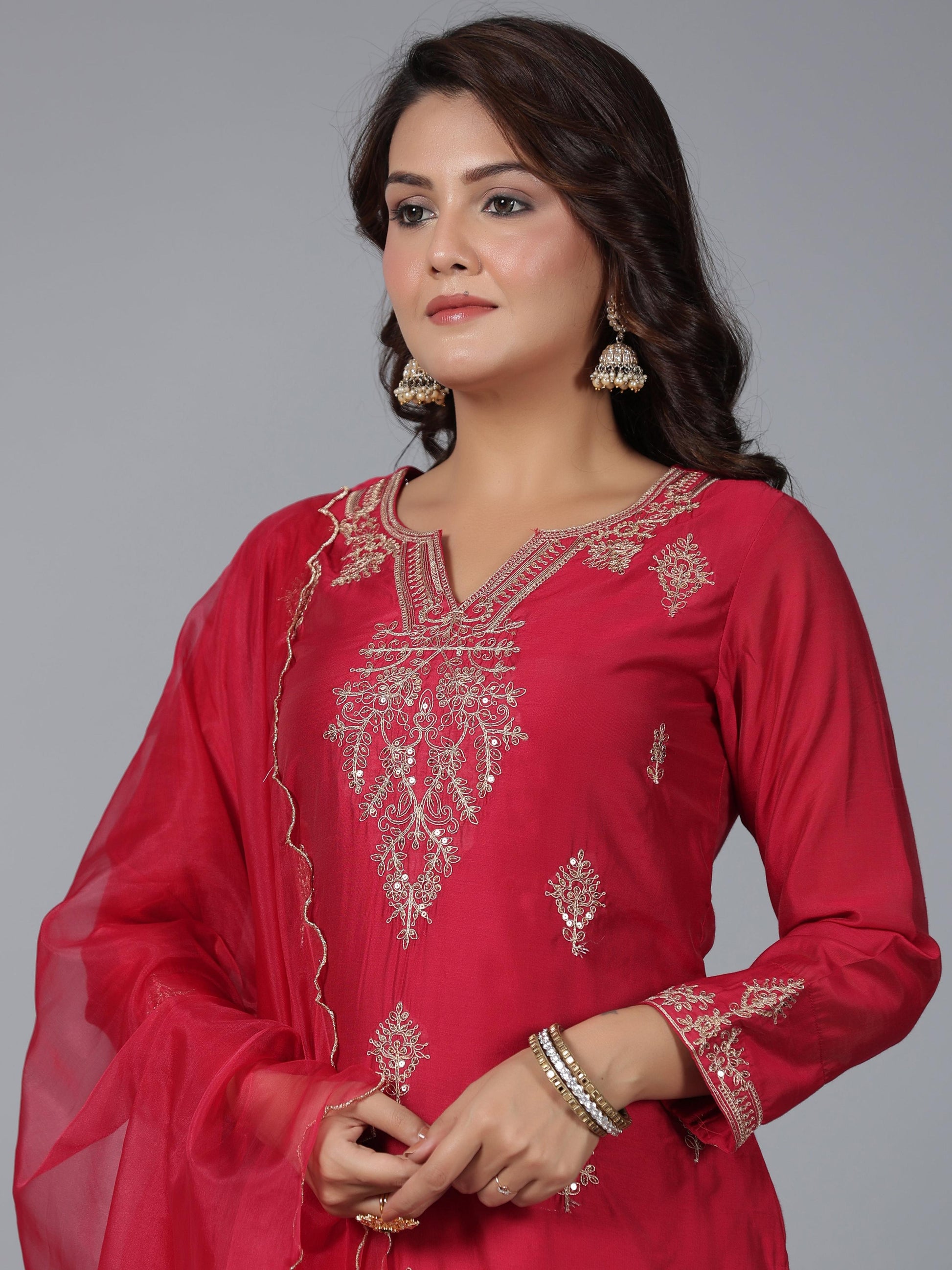 Juniper Women Red Chanderi Embroidered Kurta, Pants & Dupatta Set