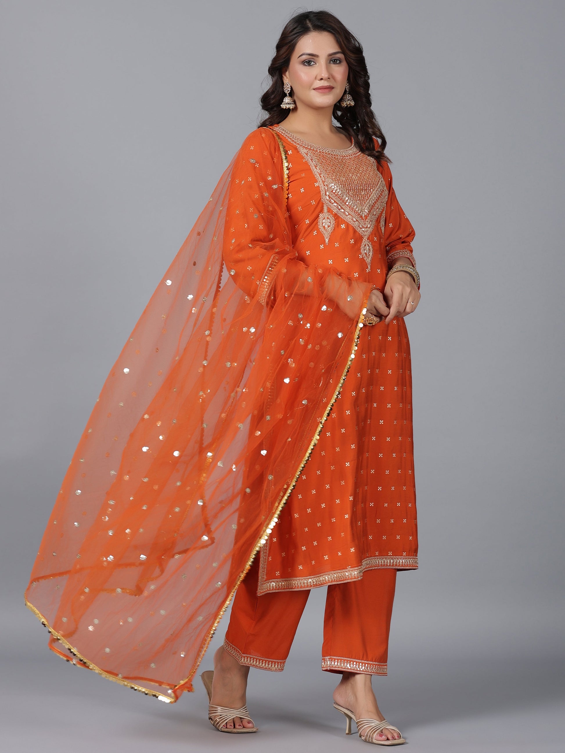 Juniper Women Orange Chanderi Embroidered Kurta, Palazzo & Dupatta Set