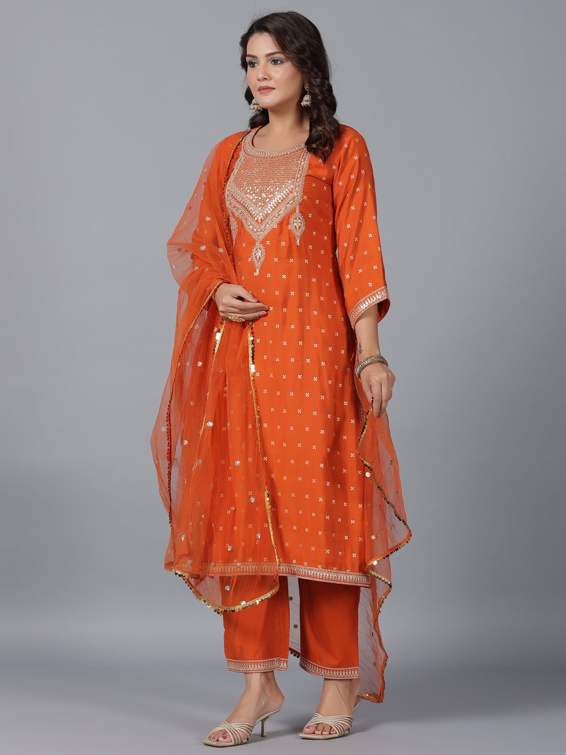 Juniper Women Orange Chanderi Embroidered Kurta, Palazzo & Dupatta Set