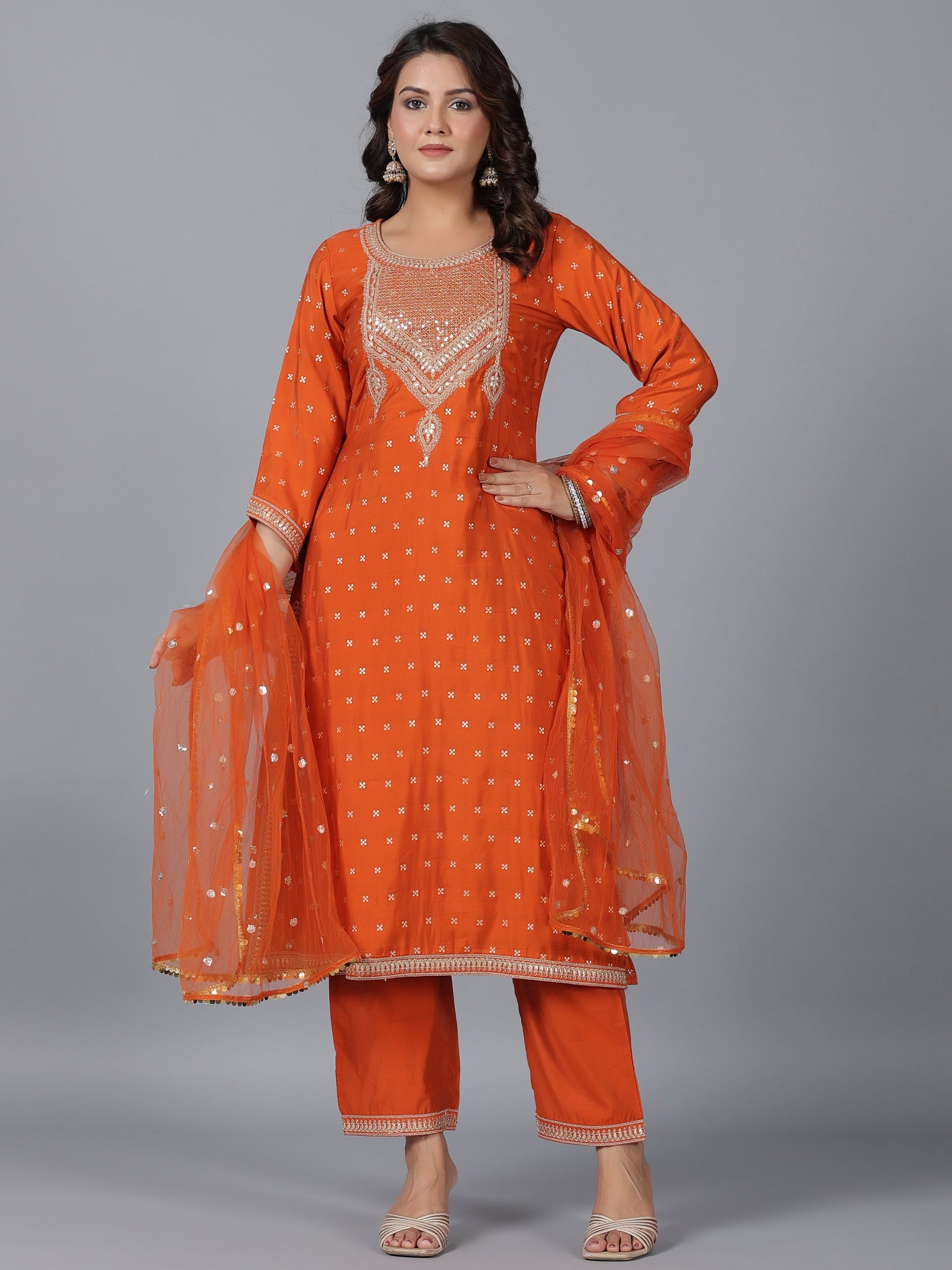 Juniper Women Orange Chanderi Embroidered Kurta, Palazzo & Dupatta Set