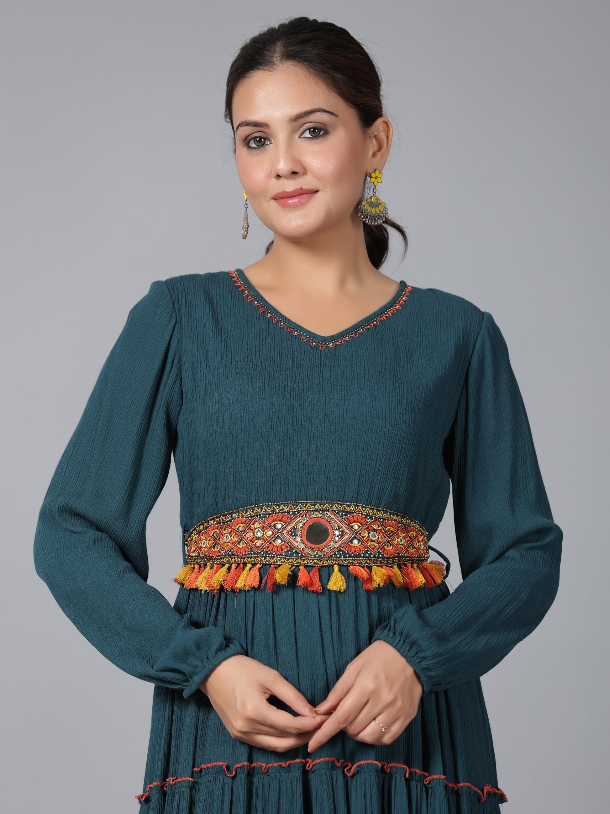 Juniper Women Bottle Green Rayon Crepe Tiered Maxi Dress