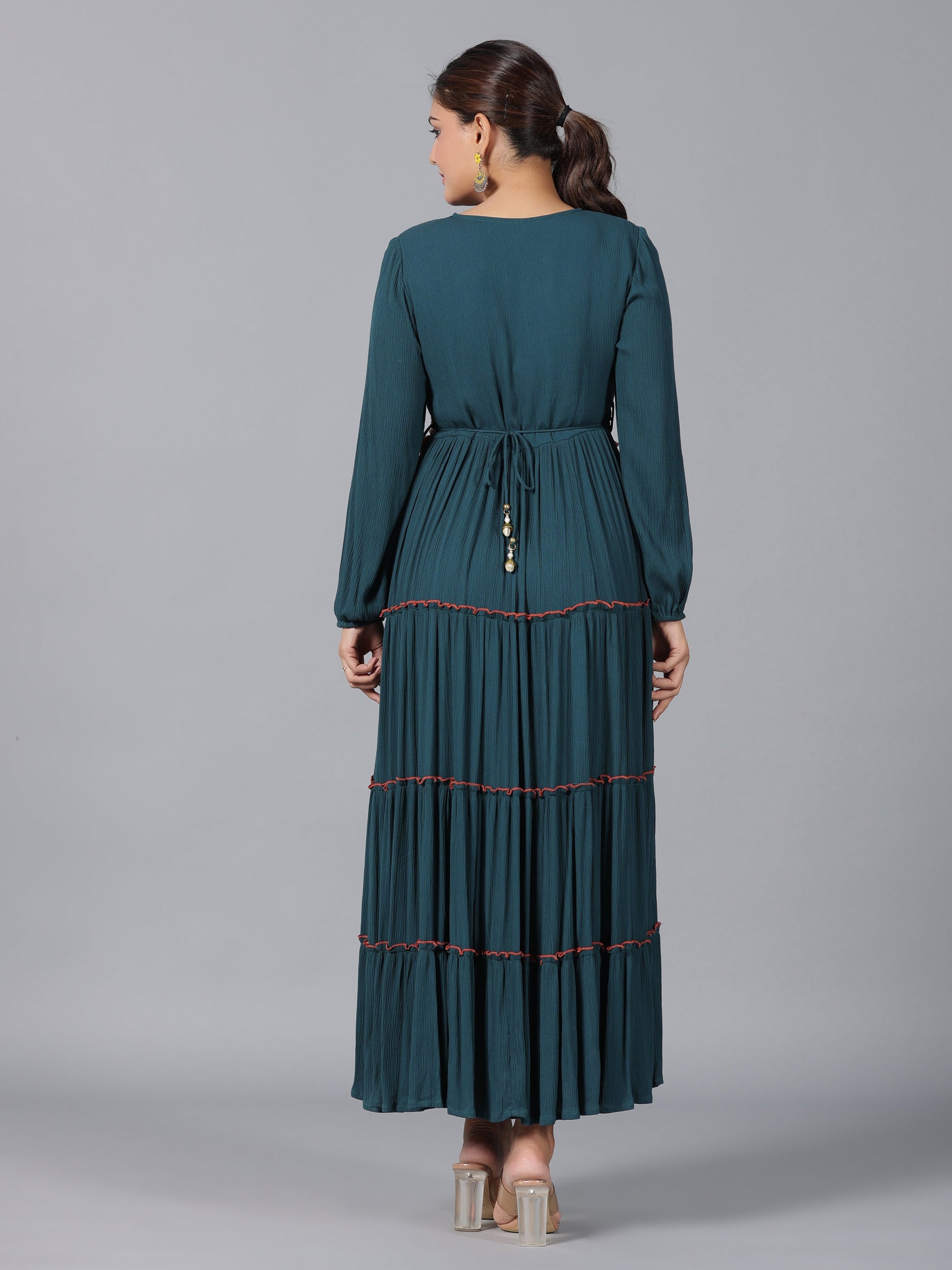 Juniper Women Bottle Green Rayon Crepe Tiered Maxi Dress