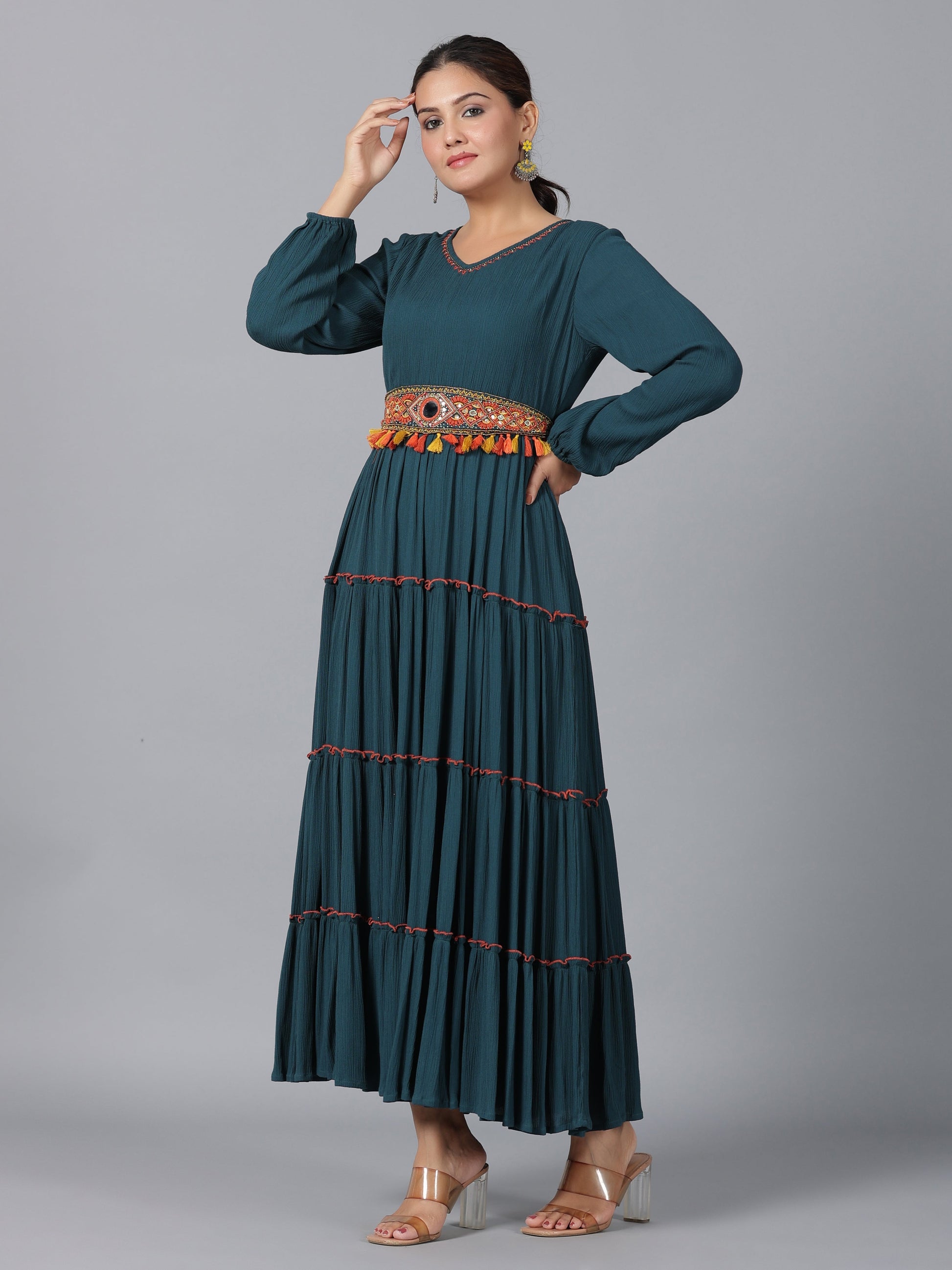 Juniper Women Bottle Green Rayon Crepe Tiered Maxi Dress