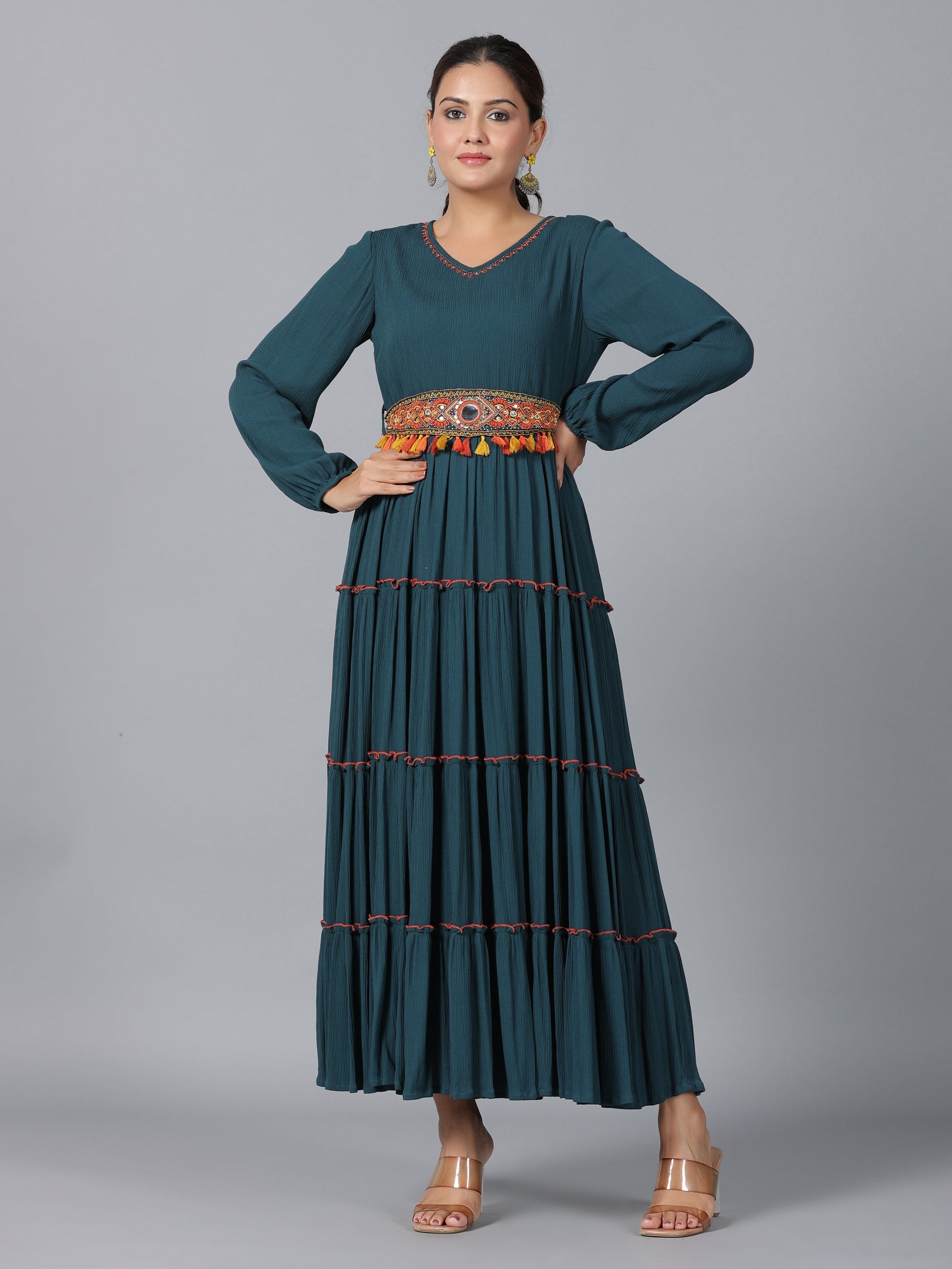 Juniper Women Bottle Green Rayon Crepe Tiered Maxi Dress