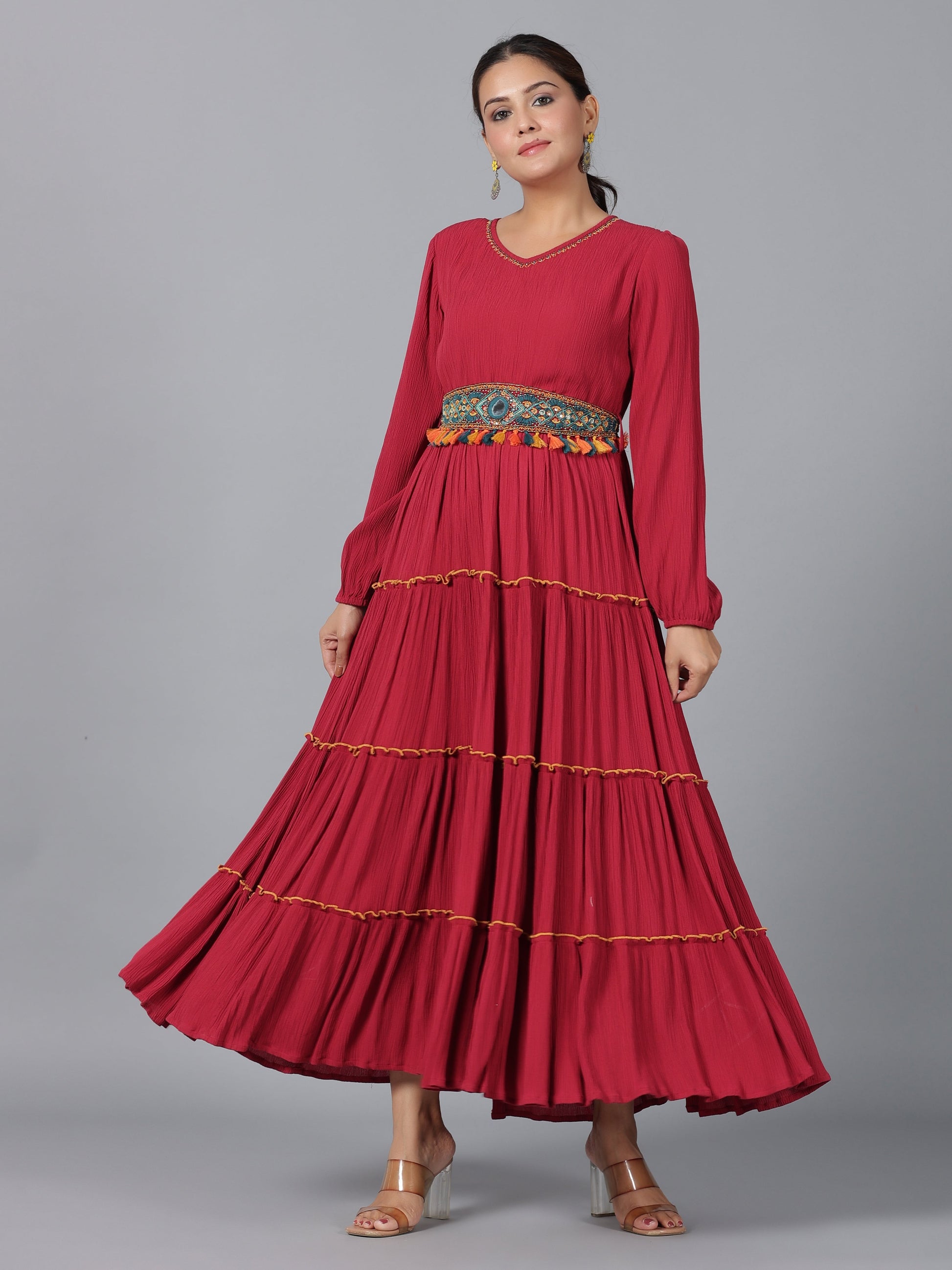 Juniper Women Maroon Rayon Crepe Tiered Maxi Dress