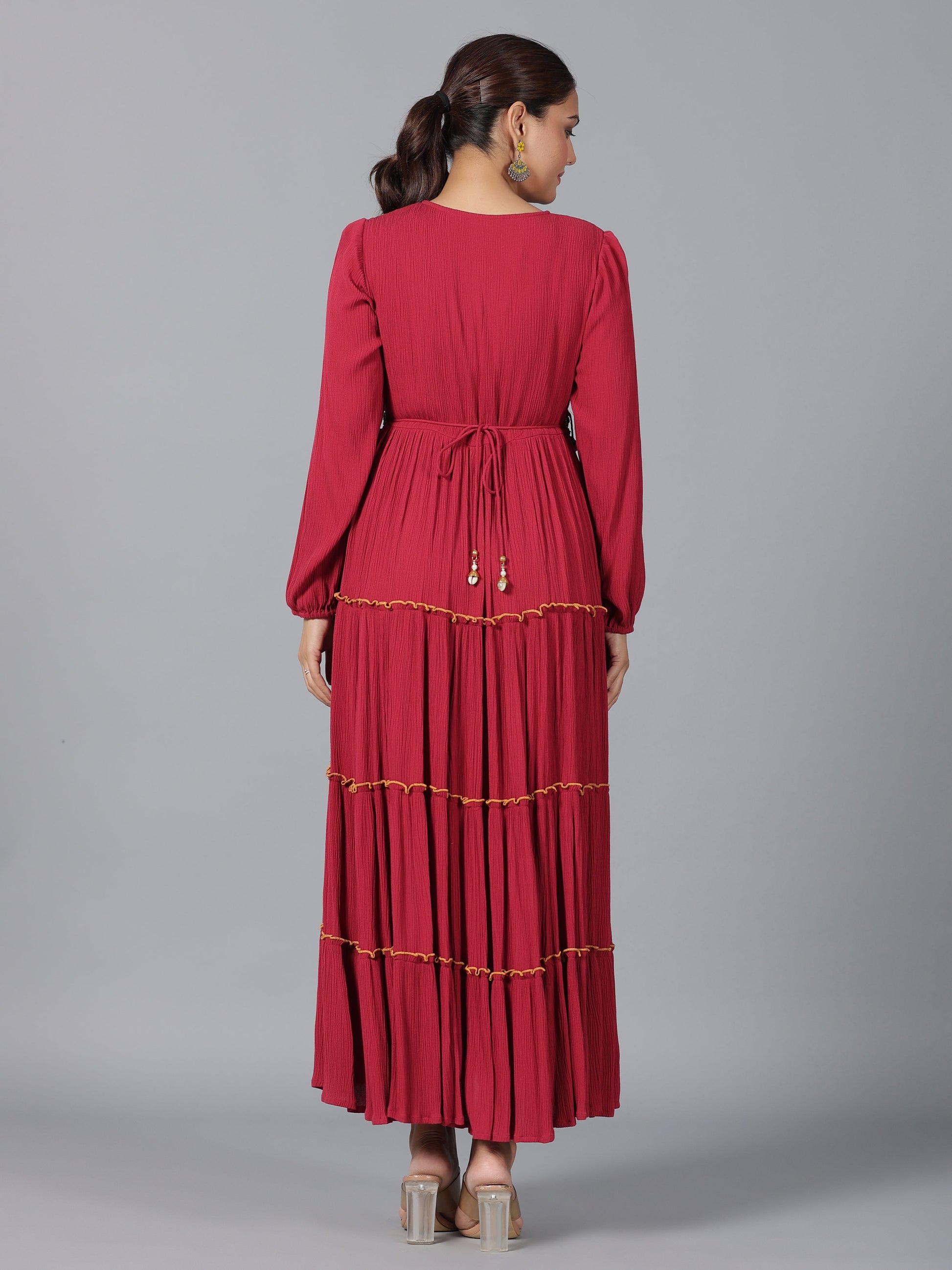 Juniper Women Maroon Rayon Crepe Tiered Maxi Dress